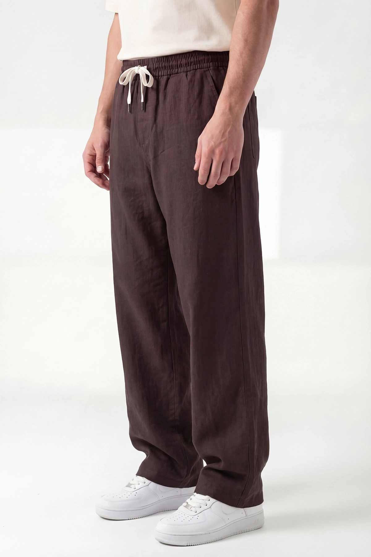Kahverengi Keten Baggy Belden Bağlamalı Erkek Pantolon 442755
