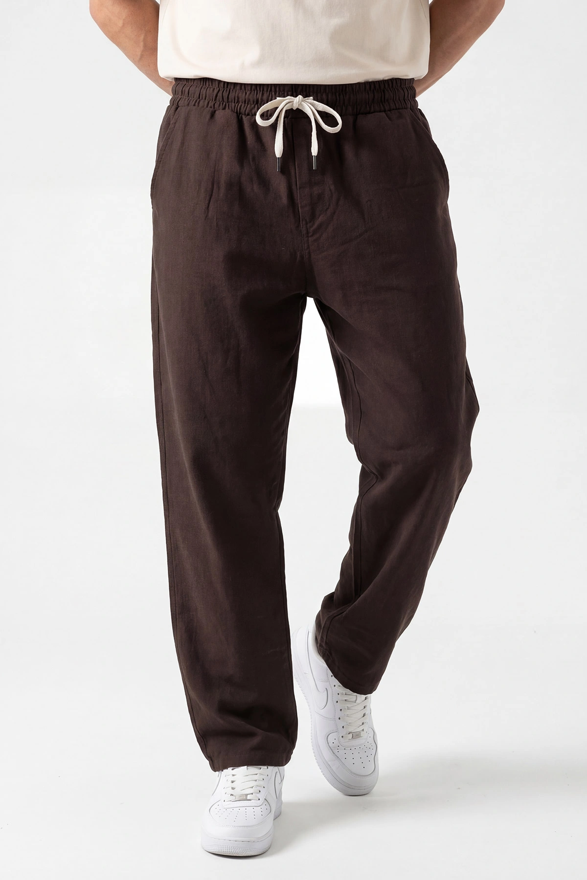 Kahverengi Keten Baggy Belden Bağlamalı Erkek Pantolon 442755