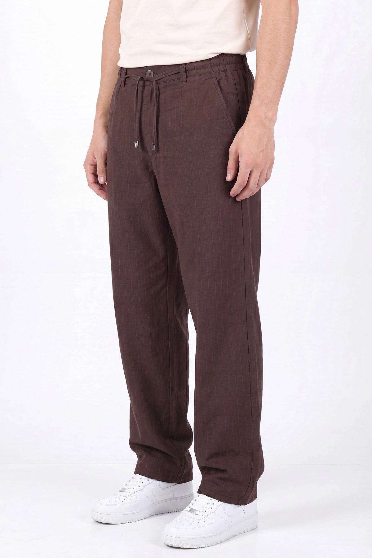 Kahverengi Keten Baggy Çizgi Detaylı Belden Bağlamalı Erkek Pantolon 466691