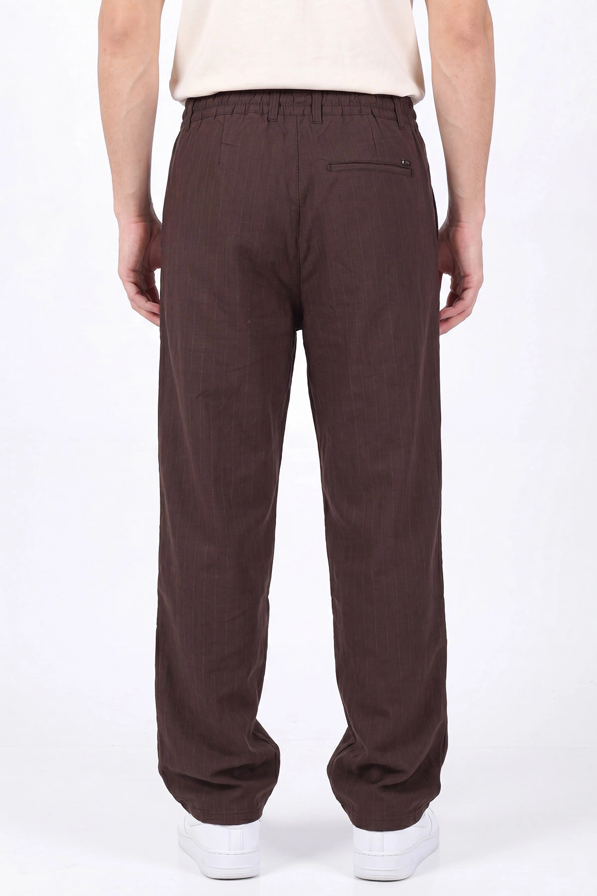 Kahverengi Keten Baggy Çizgi Detaylı Belden Bağlamalı Erkek Pantolon 466691
