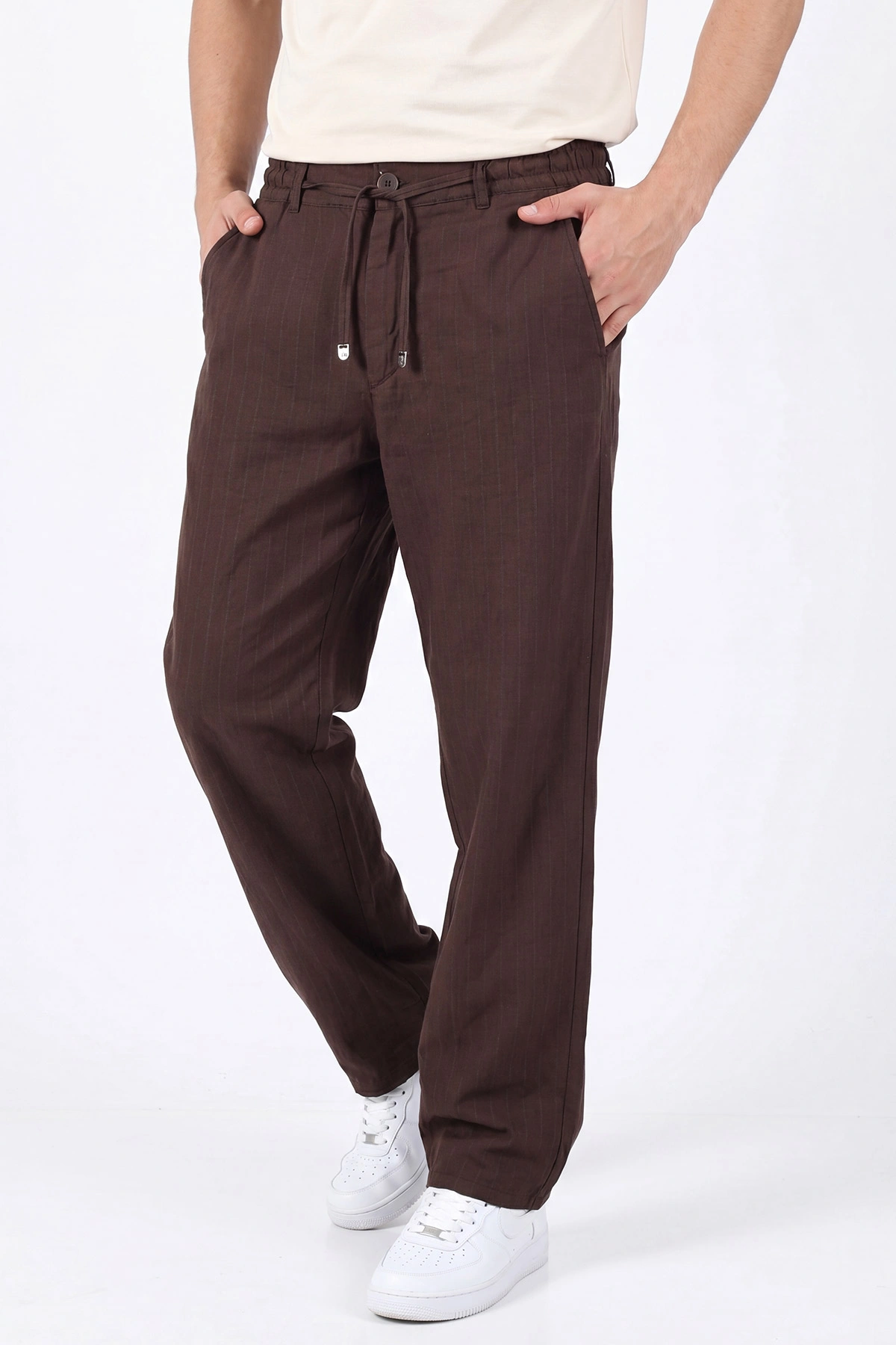 Kahverengi Keten Baggy Çizgi Detaylı Belden Bağlamalı Erkek Pantolon 466691