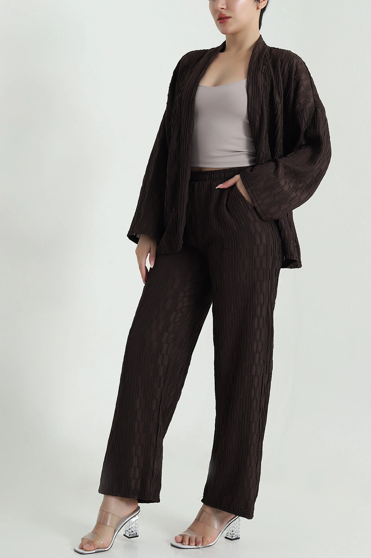 Kahverengi Kimono Pantolon Gofre Kadın İkili Takım 470021