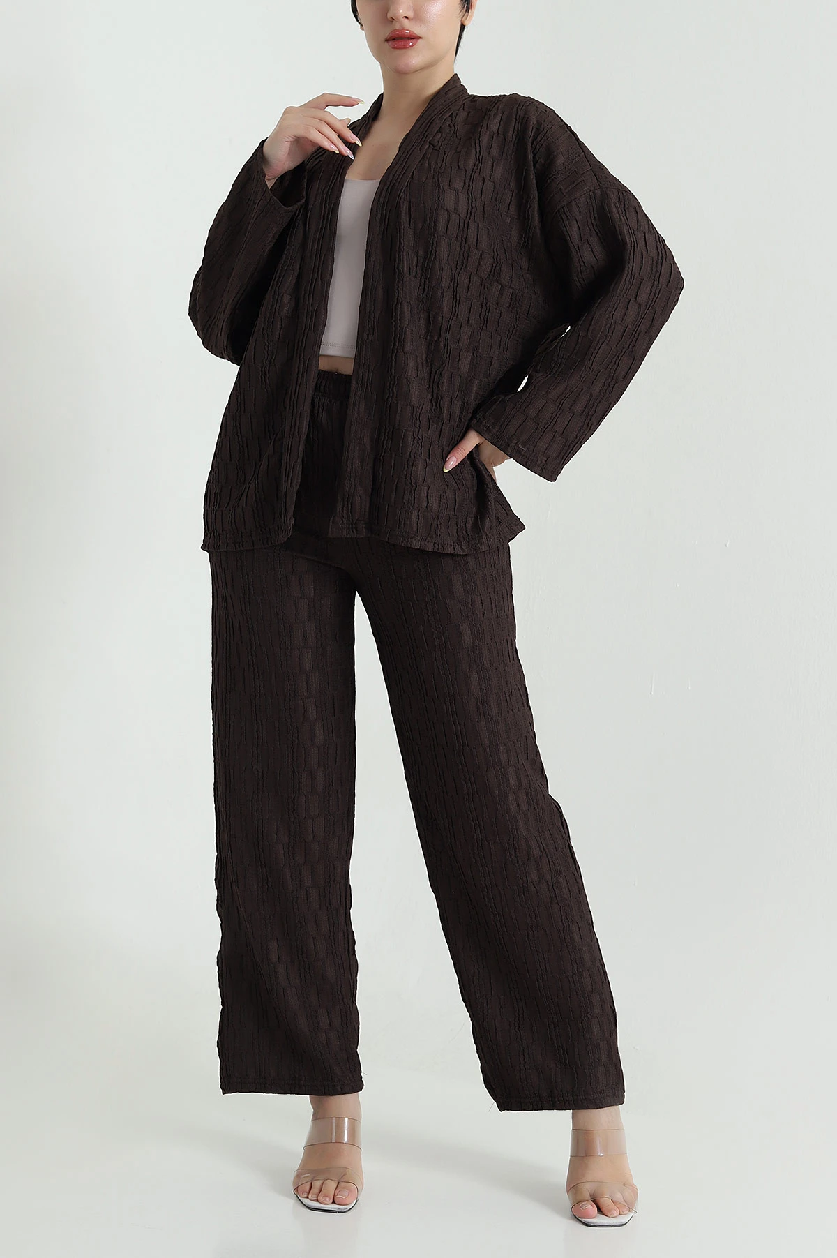 Kahverengi Kimono Pantolon Gofre Kadın İkili Takım 470021