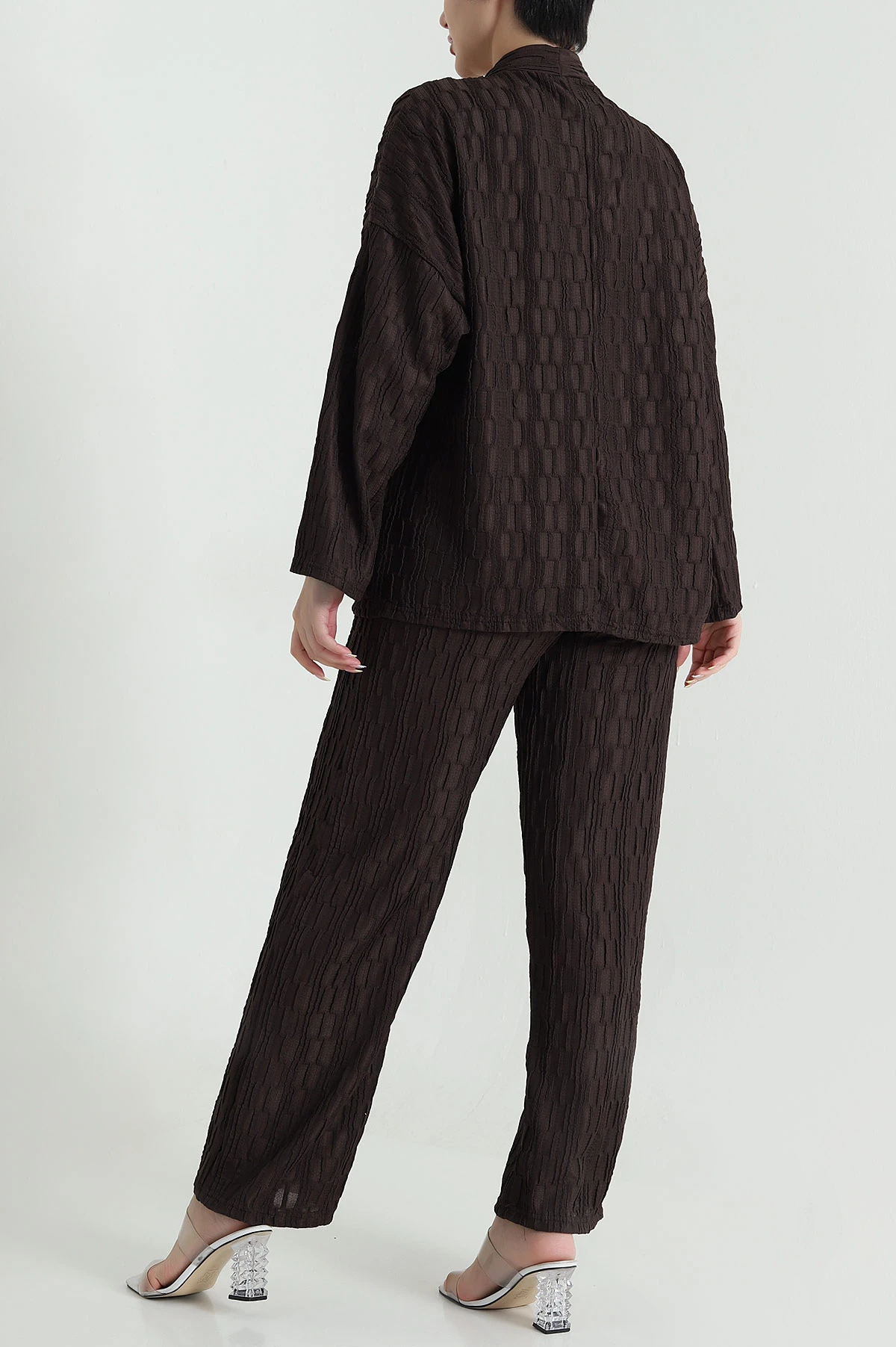 Kahverengi Kimono Pantolon Gofre Kadın İkili Takım 470021