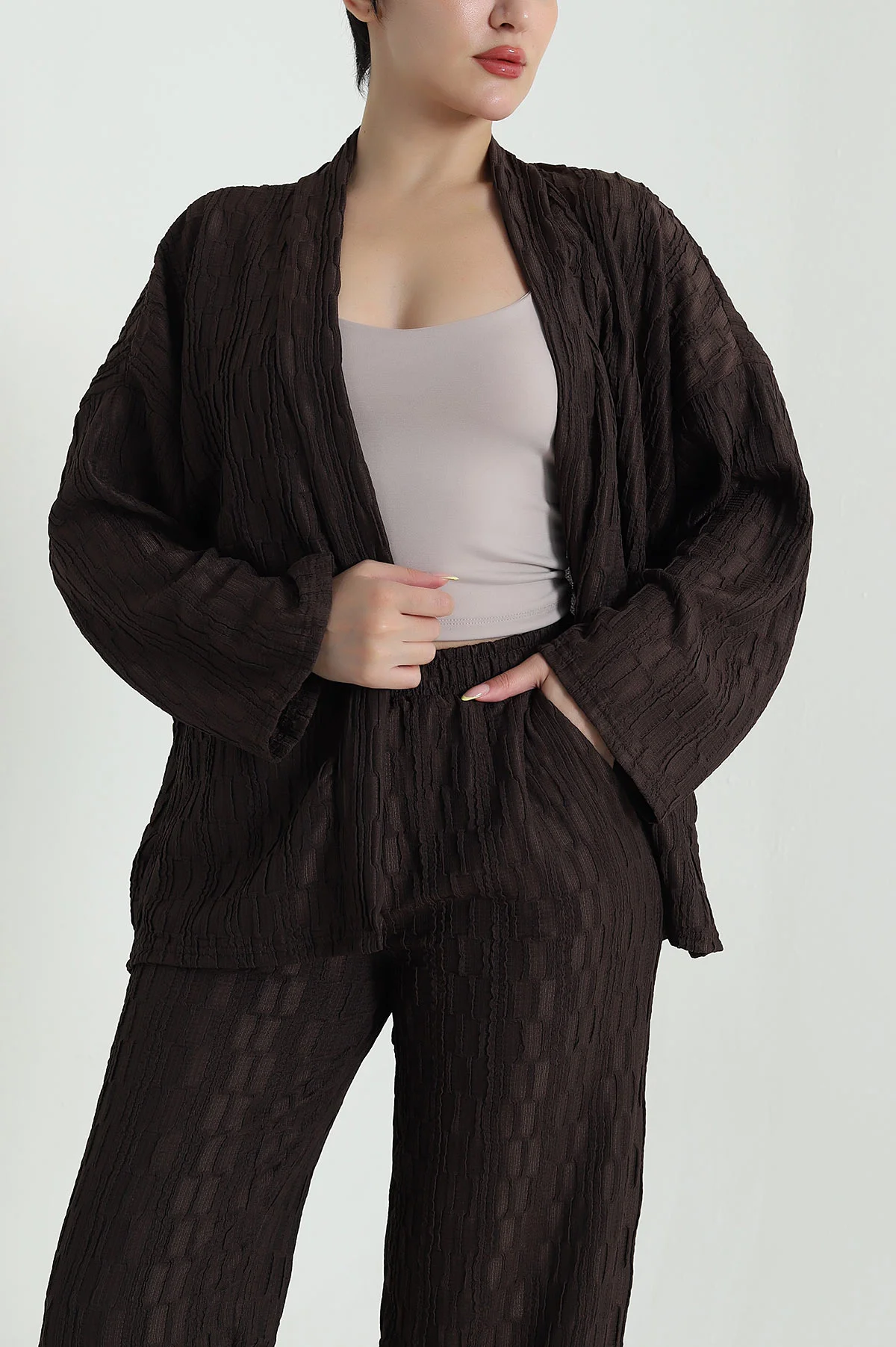 Kahverengi Kimono Pantolon Gofre Kadın İkili Takım 470021