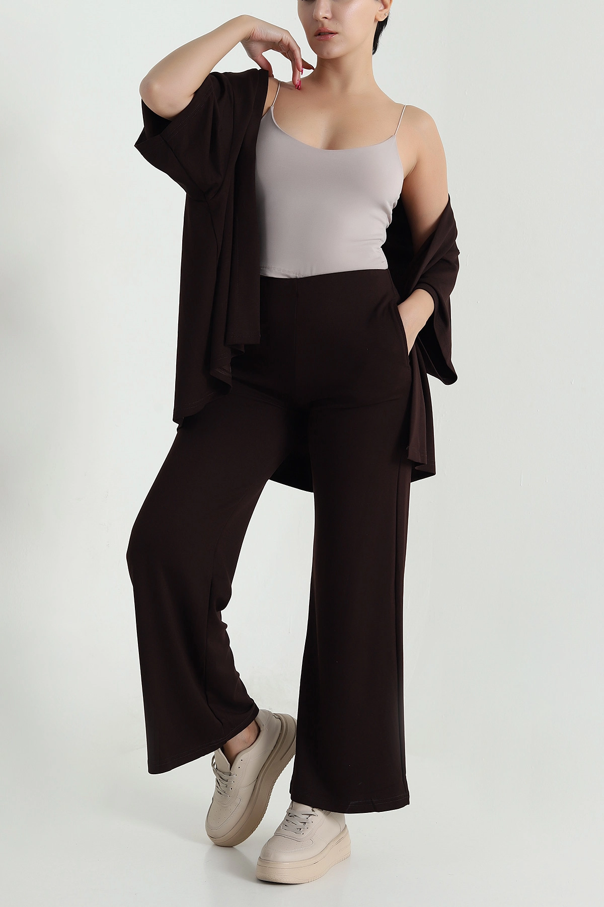 Kahverengi Kimono Pantolon Kadın İkili Takım 479533