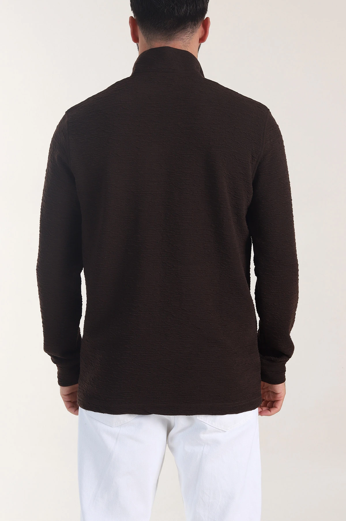 Kahverengi Kırınkıl Kumaş Yarım Fermuarlı Erkek Sweatshirt 406825