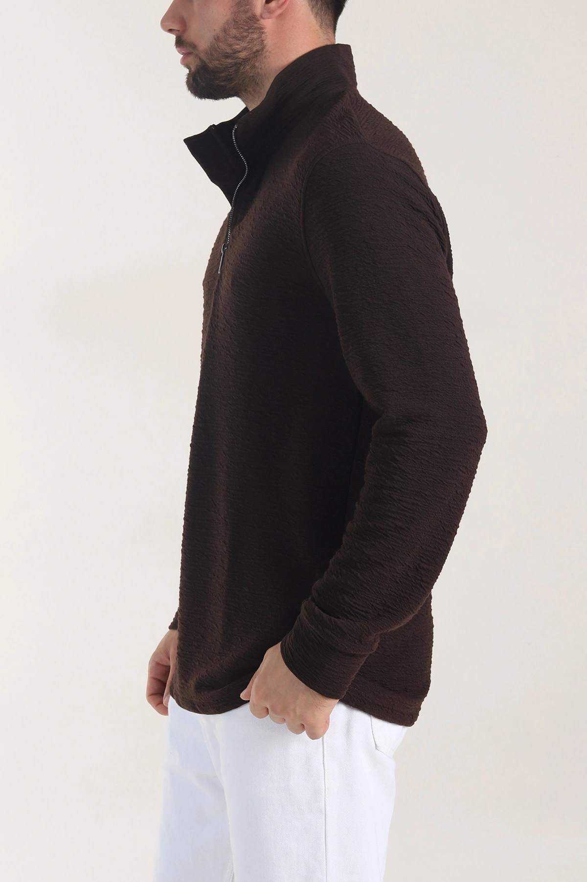 Kahverengi Kırınkıl Kumaş Yarım Fermuarlı Erkek Sweatshirt 406825