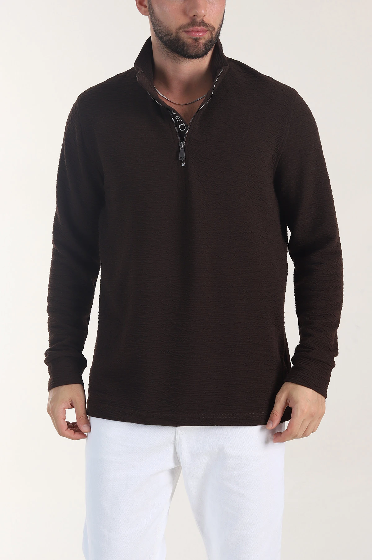 Kahverengi Kırınkıl Kumaş Yarım Fermuarlı Erkek Sweatshirt 406825
