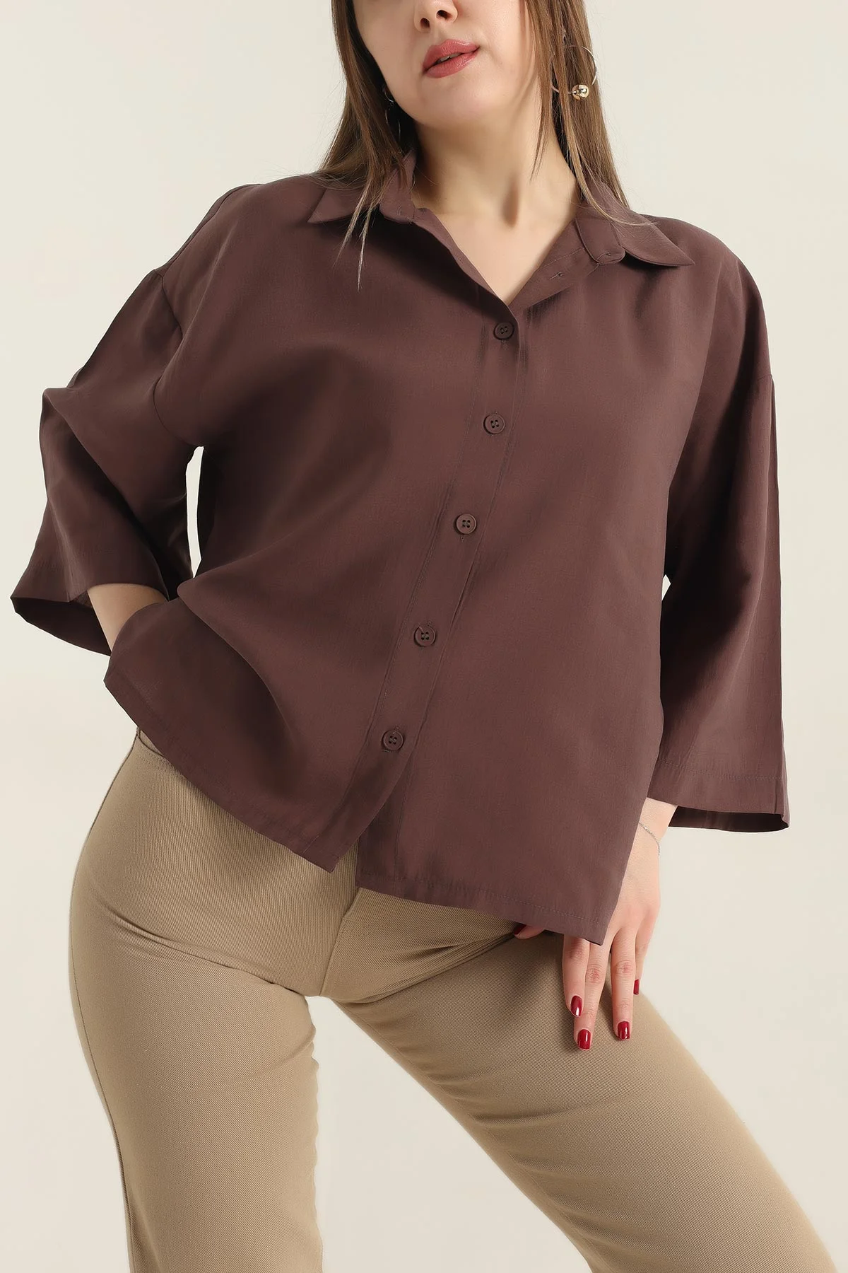 Kahverengi Kısa Kol Tencel Oversize Bayan Gömlek 337589
