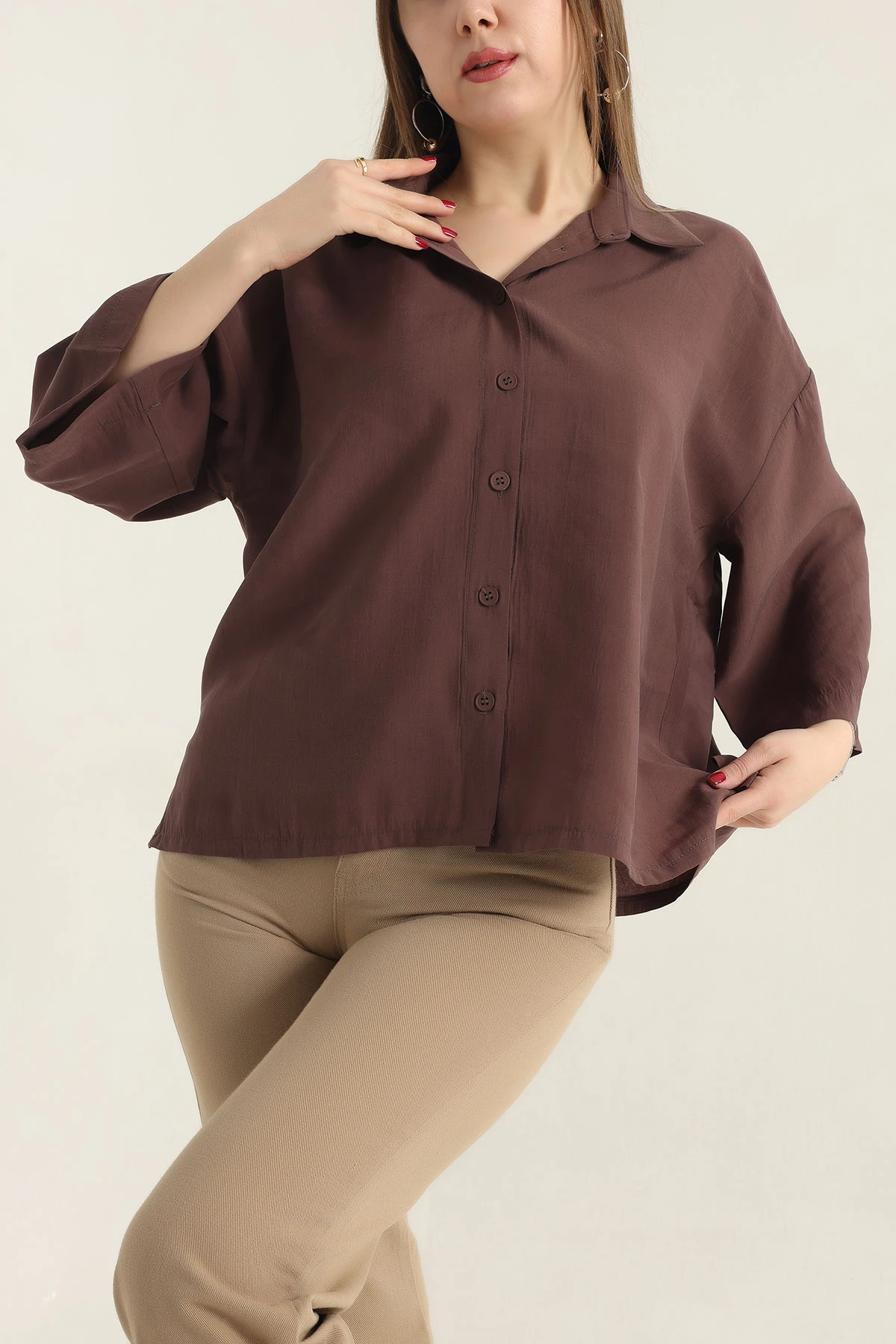 Kahverengi Kısa Kol Tencel Oversize Bayan Gömlek 337589