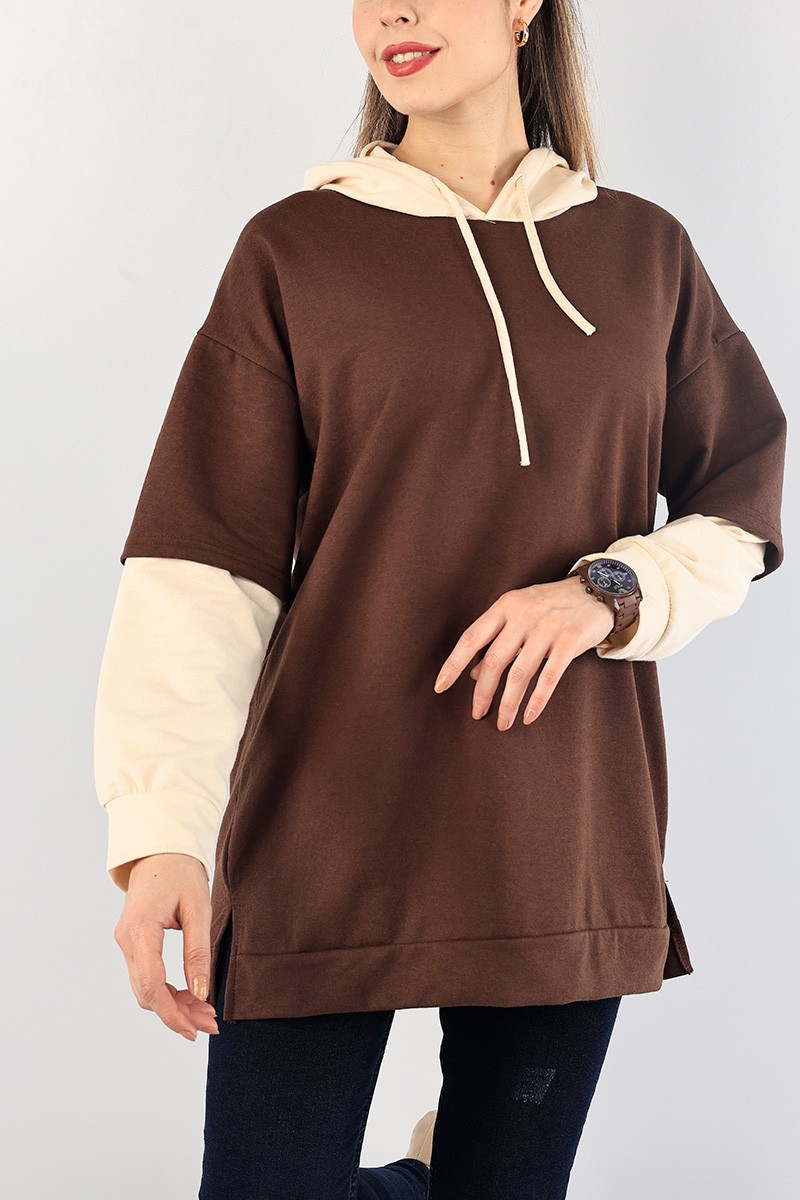 Kahverengi Kolları Eklemeli Kapüşonlu Sweat Tunik 88780