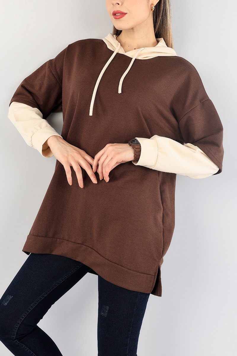 Kahverengi Kolları Eklemeli Kapüşonlu Sweat Tunik 88780