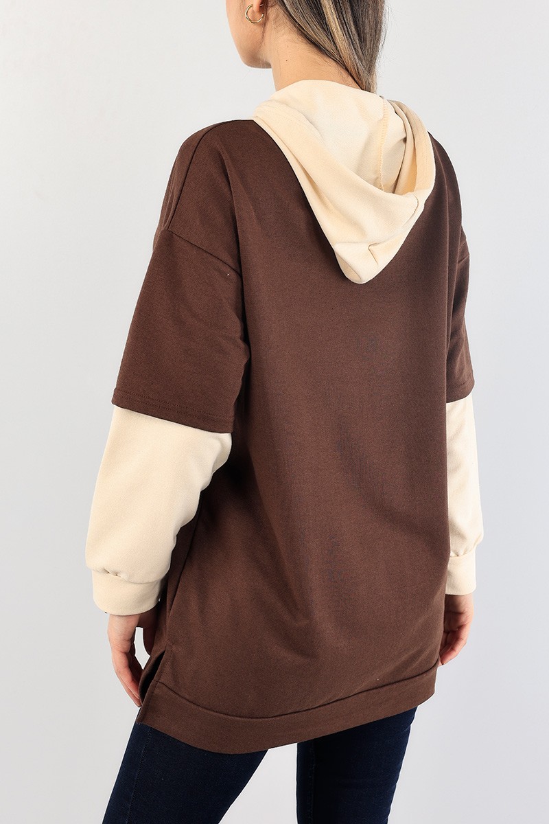 Kahverengi Kolları Eklemeli Kapüşonlu Sweat Tunik 88780