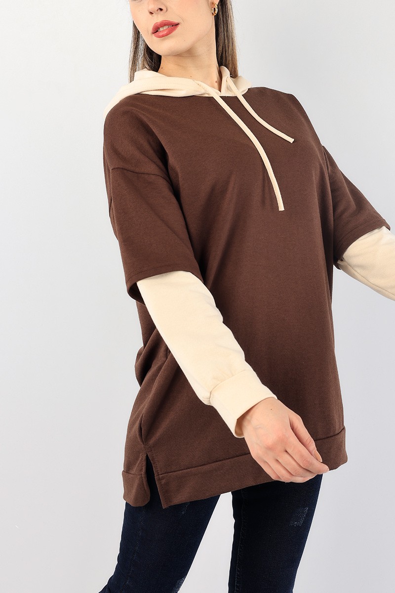 Kahverengi Kolları Eklemeli Kapüşonlu Sweat Tunik 88780