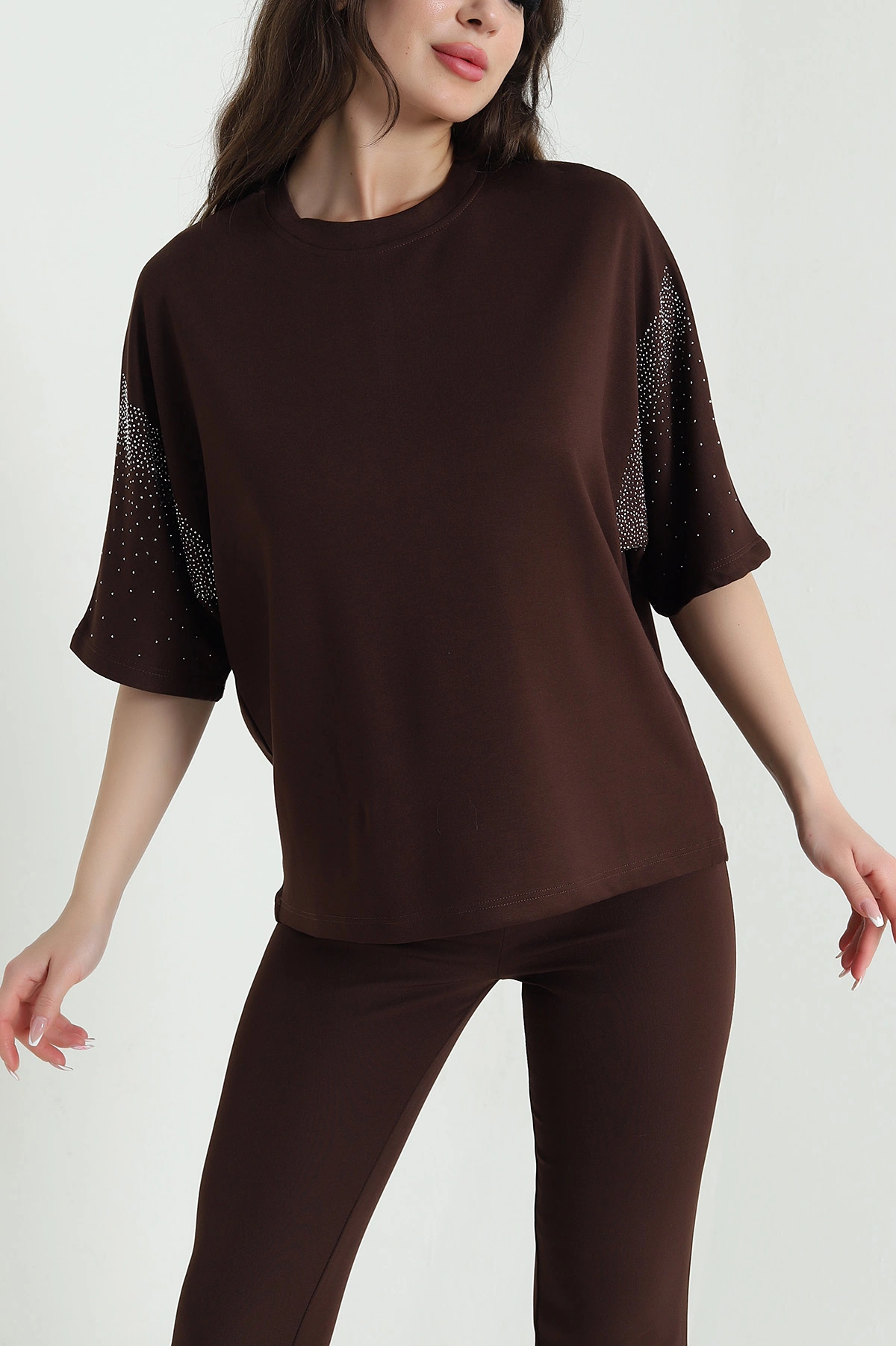Kahverengi Kolları Taşlı Oysho Kadın Bluz 457018