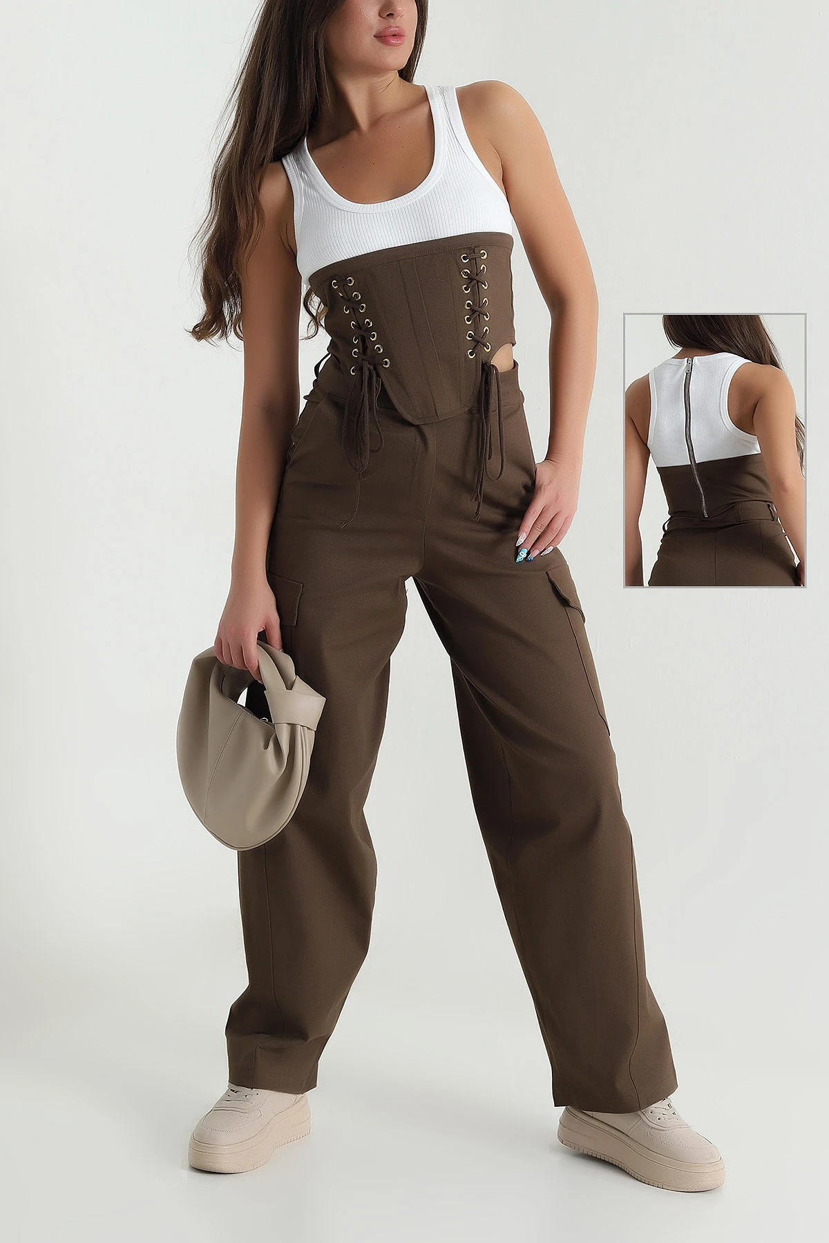 Kahverengi Korsaj Bluz Kargo Pantolon Likra Gabardin Kadın İkili Takım 480621