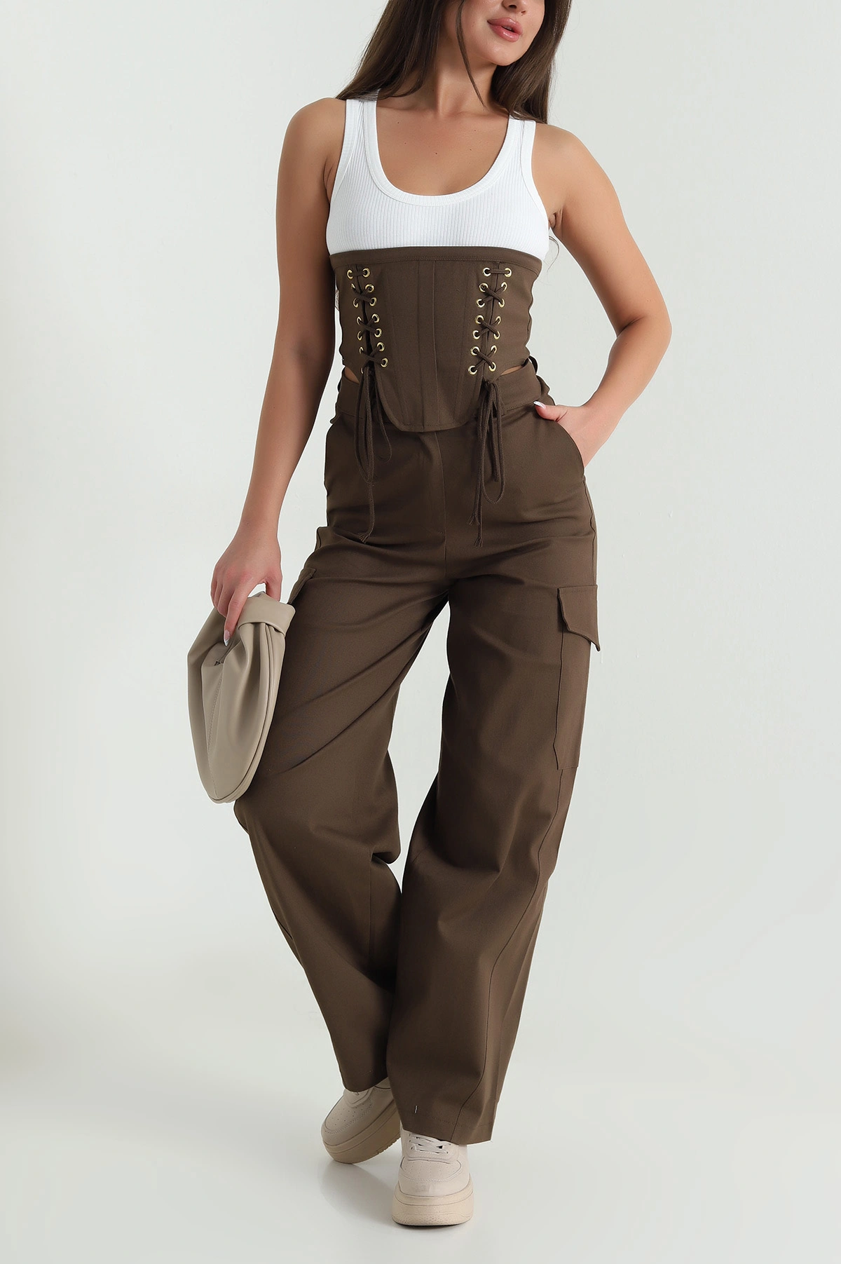 Kahverengi Korsaj Bluz Kargo Pantolon Likra Gabardin Kadın İkili Takım 480621