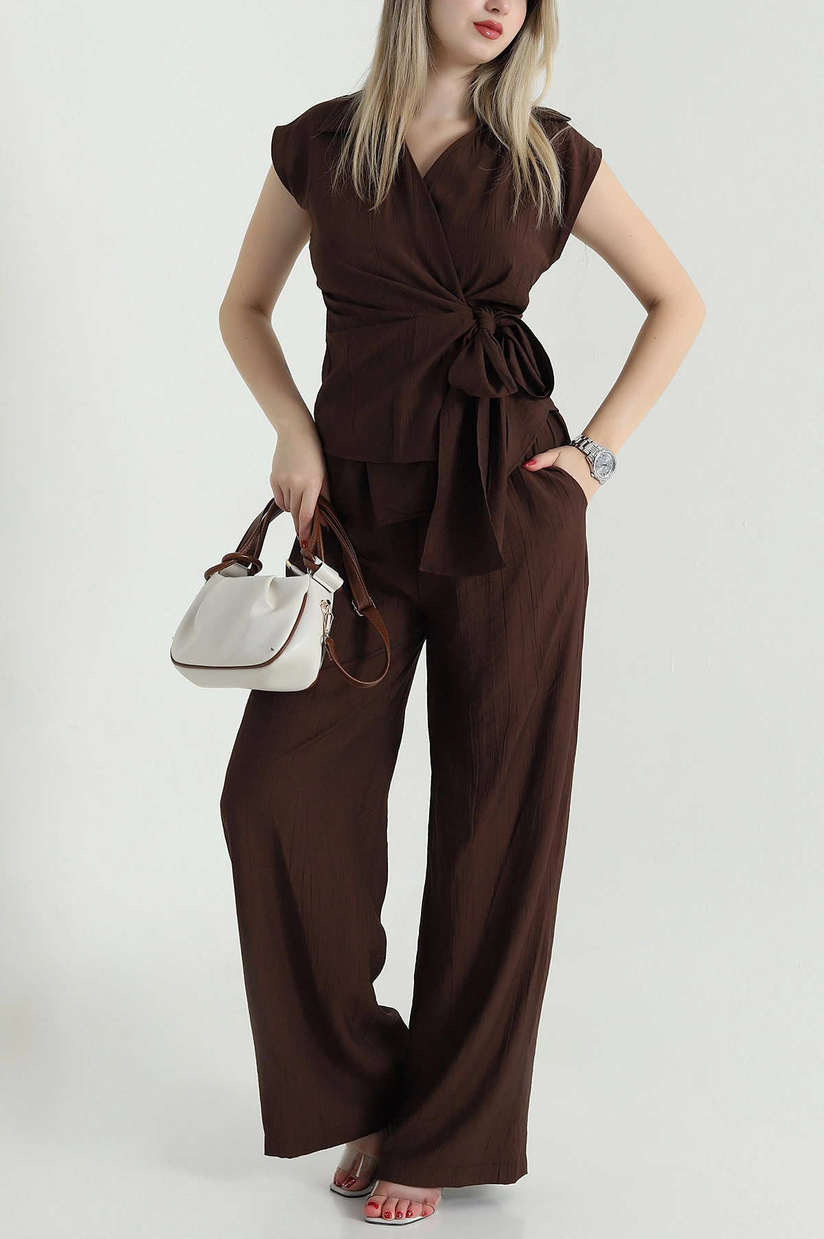 Kahverengi Kraşlı Pantolon Bluz Kadın İkili Takım 471523