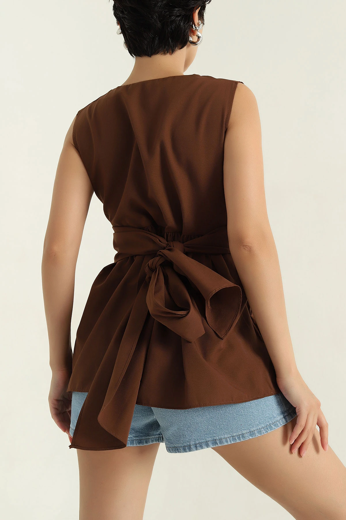Kahverengi Kruvaze Yaka Poplin Bluz 364945