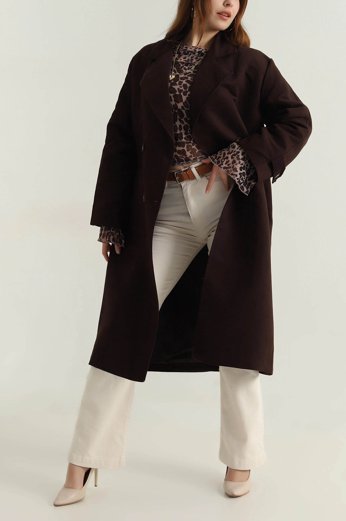 Kahverengi Kruvaze Yaka Süet Kadın Kaban 413985