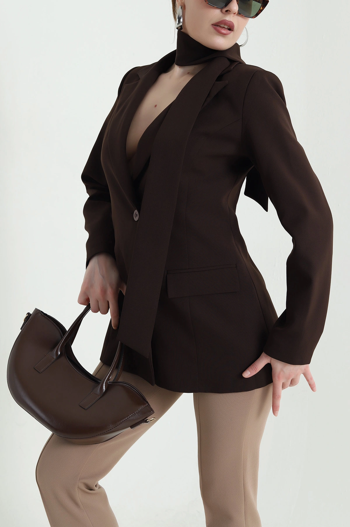 Kahverengi Kuşaklı Dabıl Blazer Kadın Ceket 447479