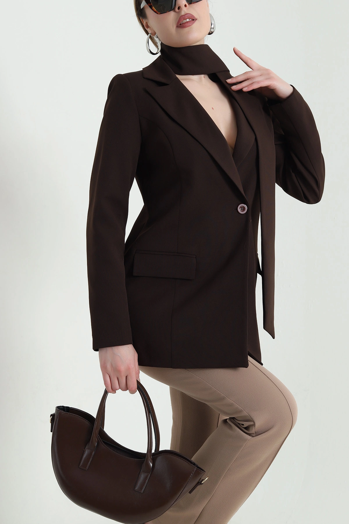 Kahverengi Kuşaklı Dabıl Blazer Kadın Ceket 447479