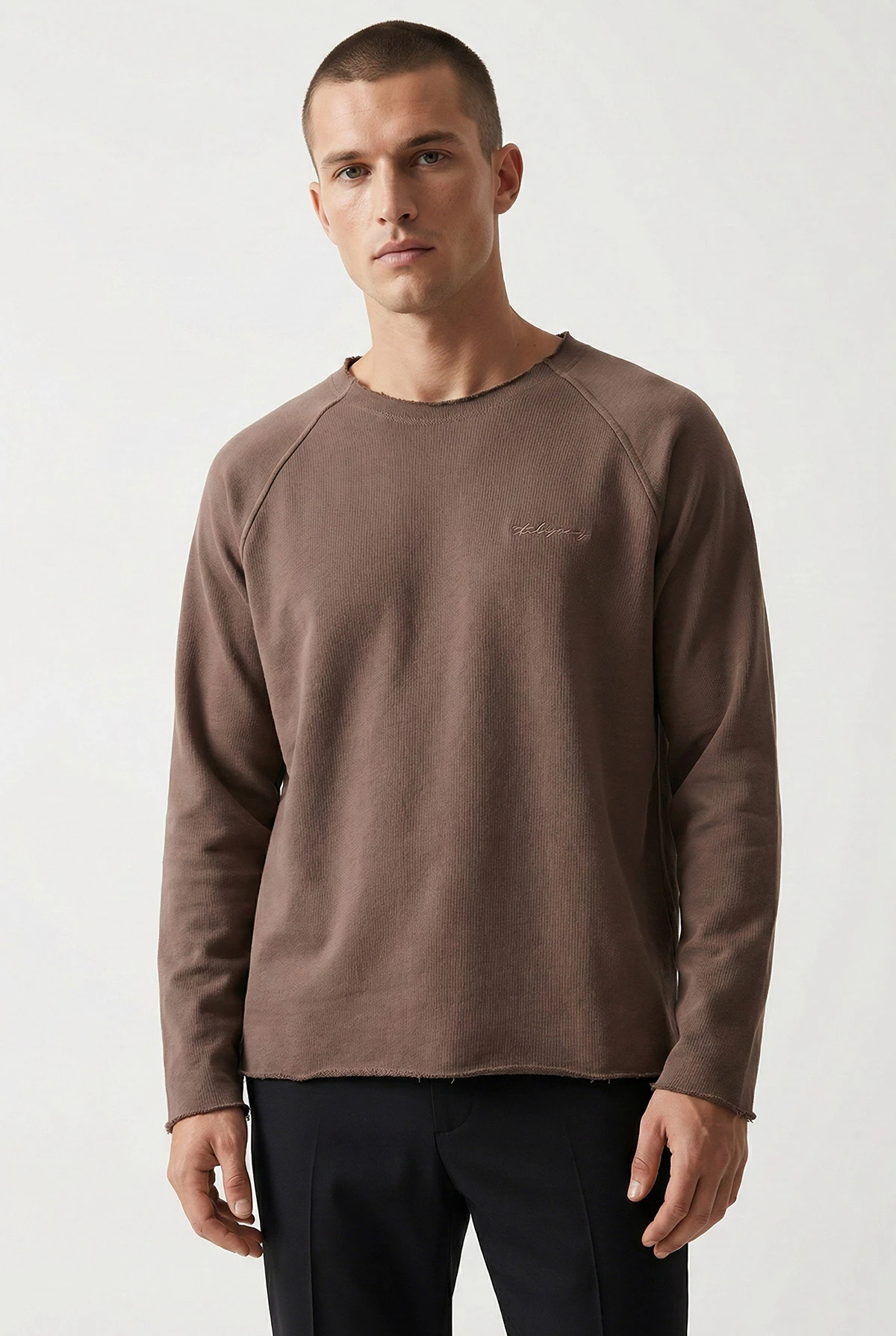 Kahverengi Lazer Kesim Nakışlı Erkek Sweatshirt 422034