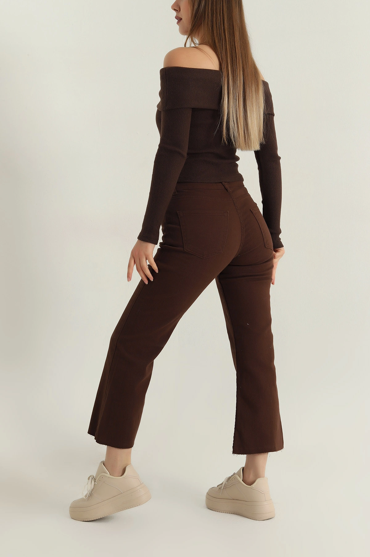 Kahverengi Lazer Paça Likralı Kadın Kot Pantolon 409595
