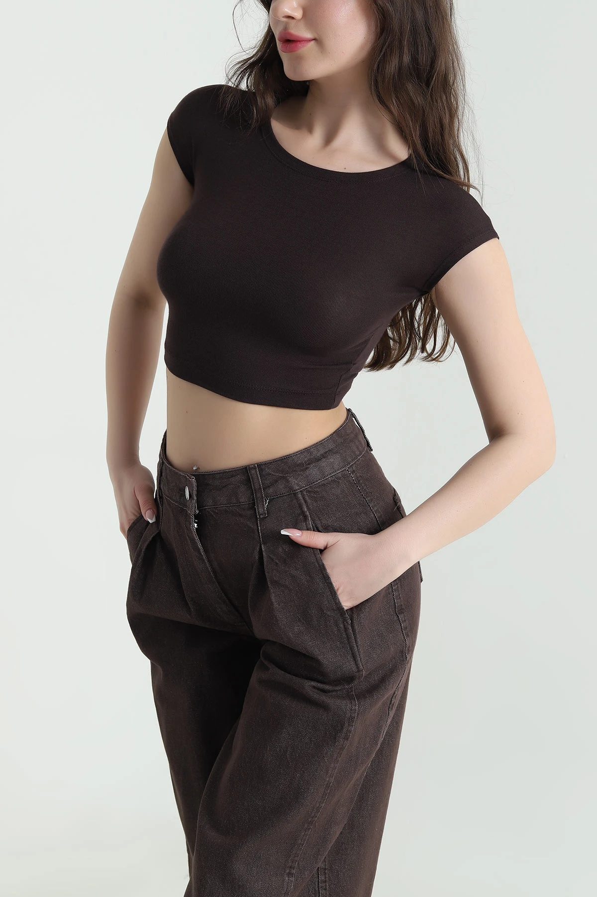 Kahverengi Likralı Basic Buzzy Kadın Bluz 452574