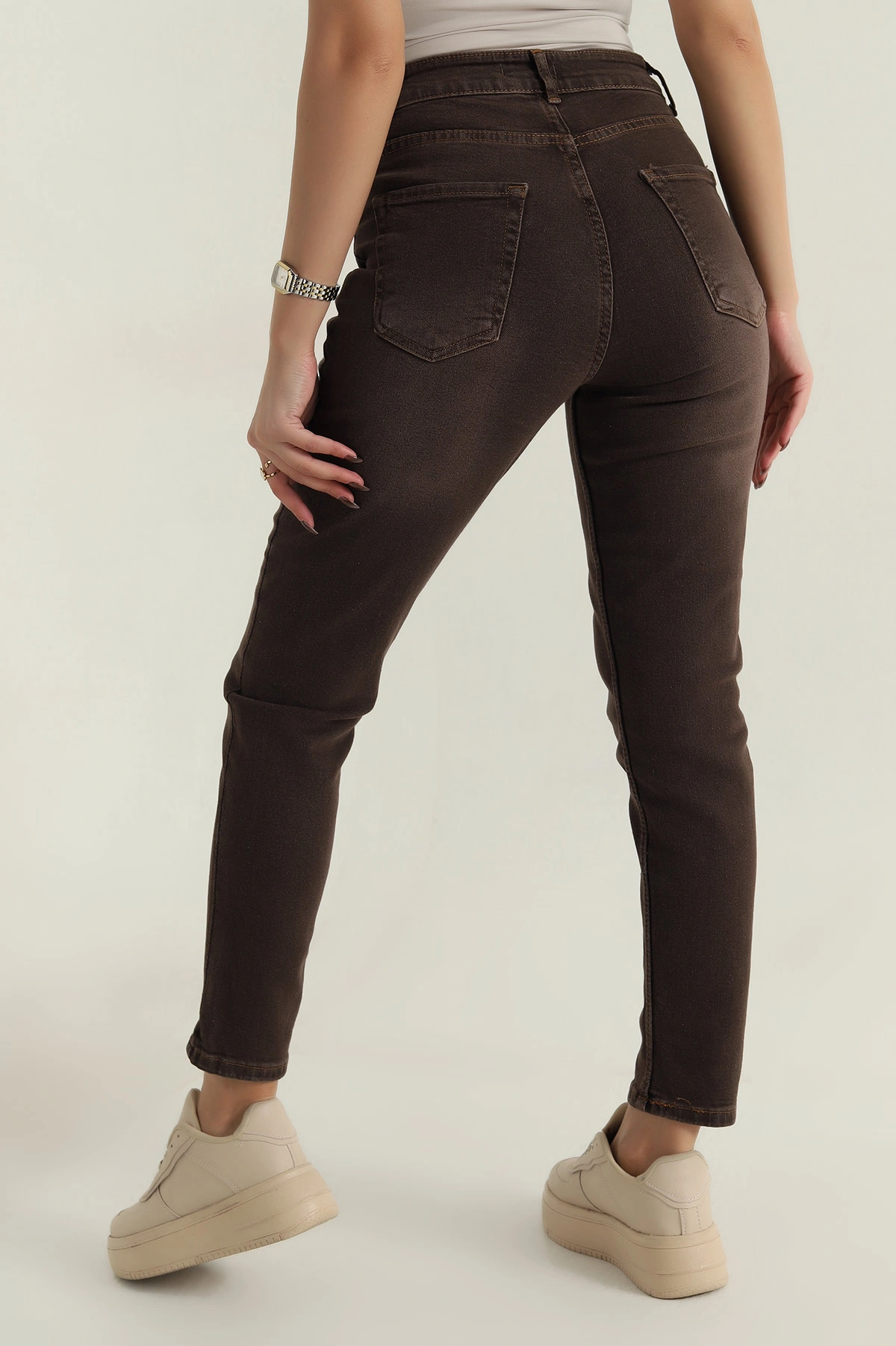 Kahverengi Likralı Boyfriend Mom Kadın Kot Pantolon 409551