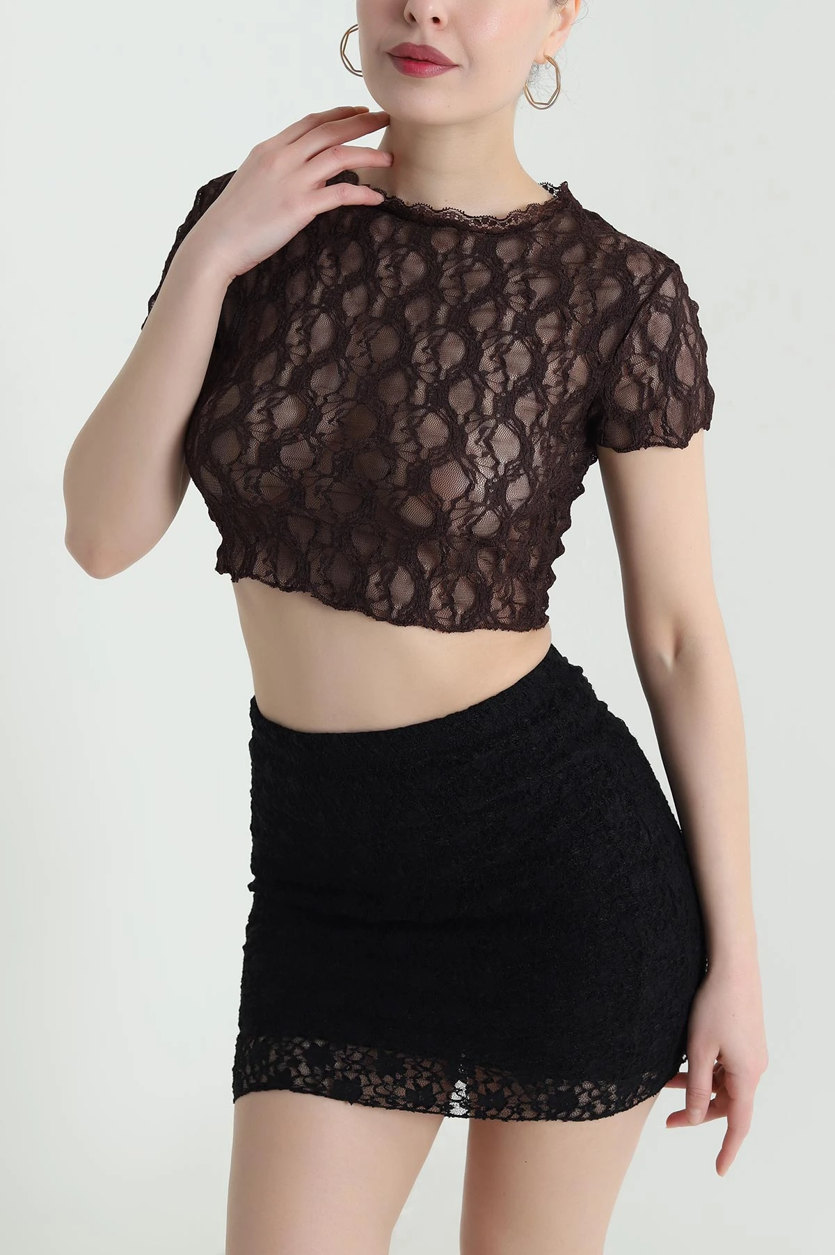 Kahverengi Likralı Kadın Dantel Crop 447129
