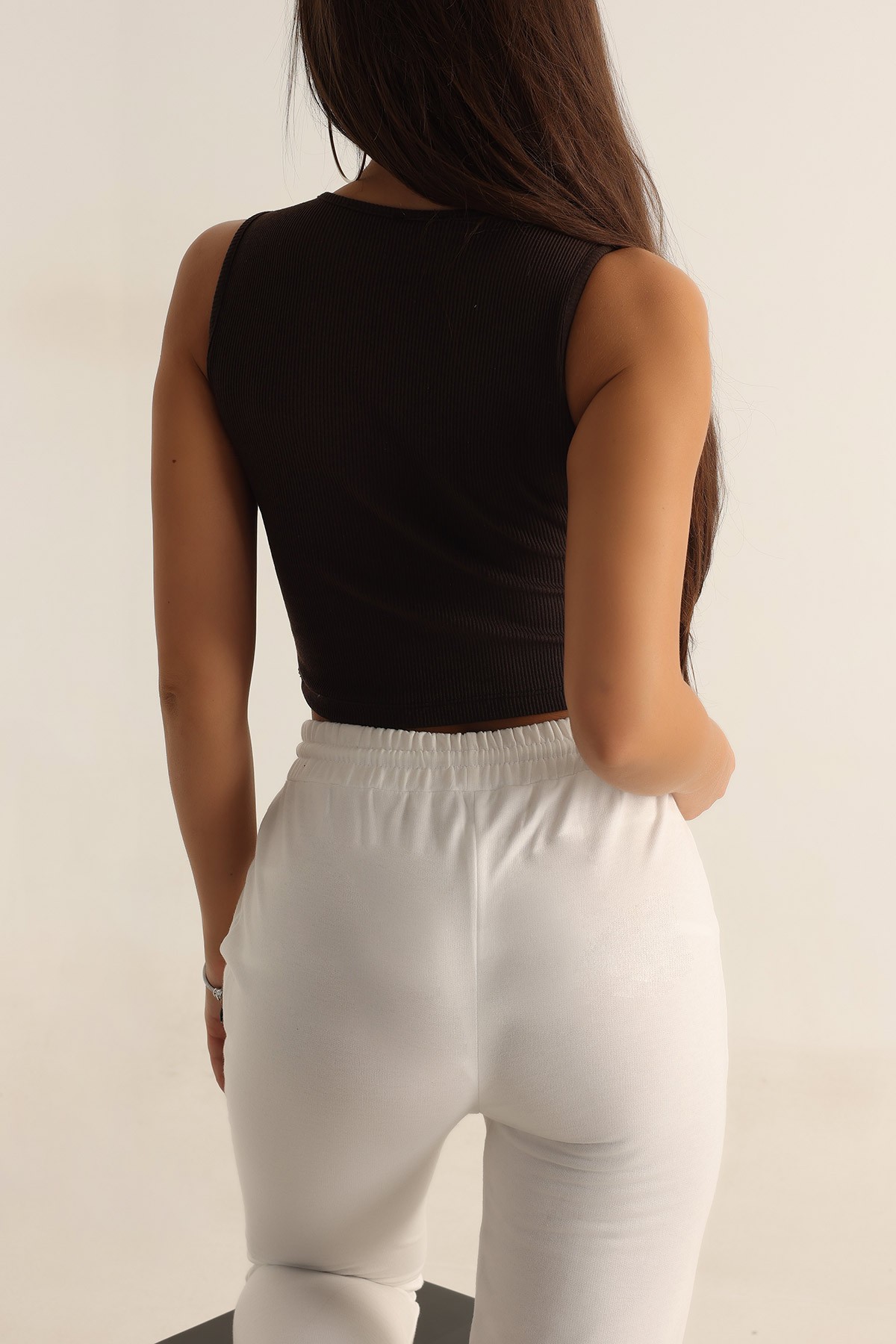 Kahverengi Likralı Kolsuz Crop 164129