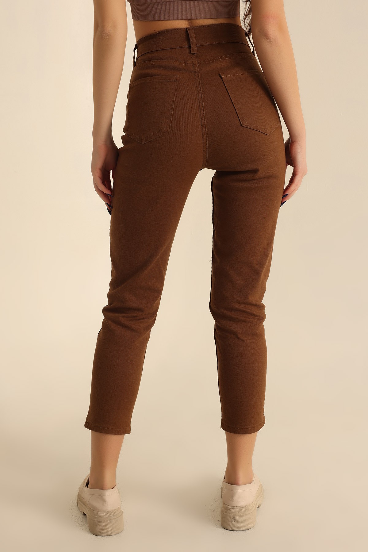 Kahverengi Likralı Mom Bayan Kot Pantolon 222985