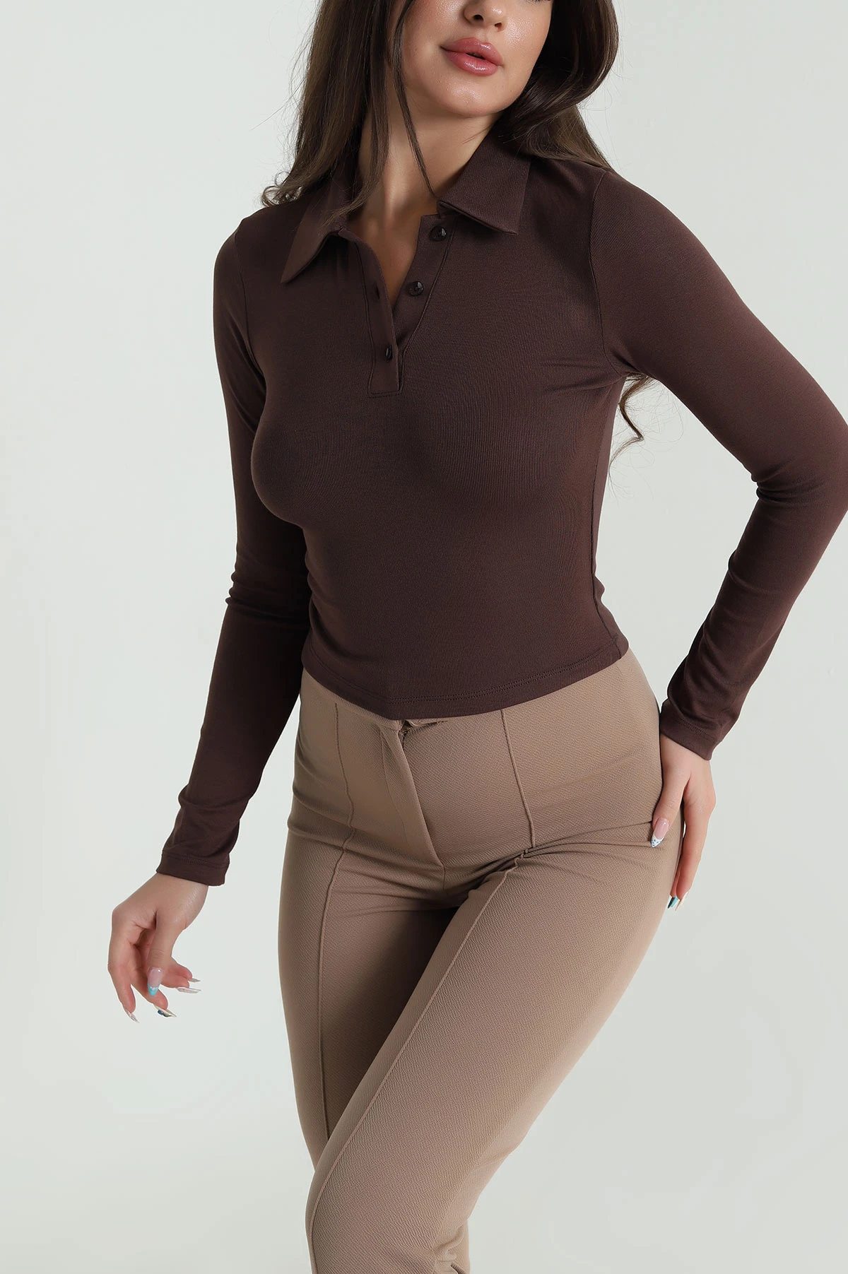 Kahverengi Likralı Polo Yaka Kadın Bluz 483155