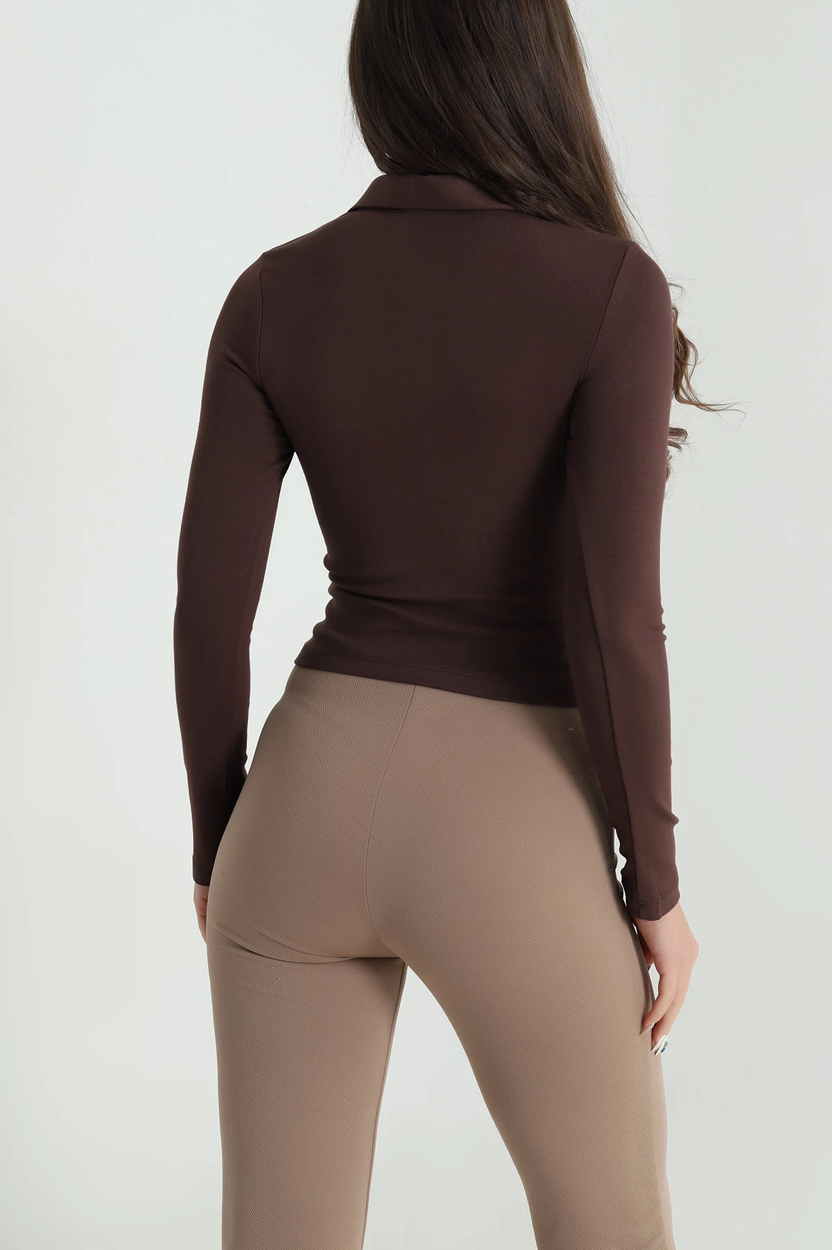 Kahverengi Likralı Polo Yaka Kadın Bluz 483155