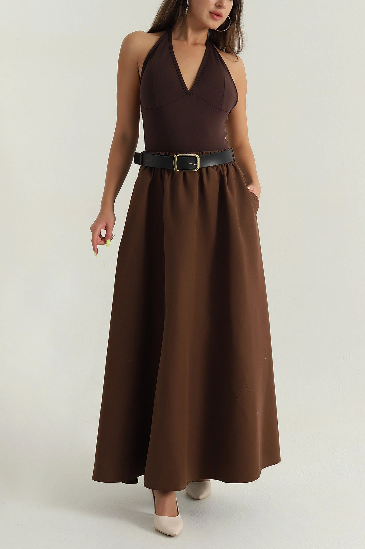 Kahverengi Liza Soft Kemerli Kadın Etek 393115