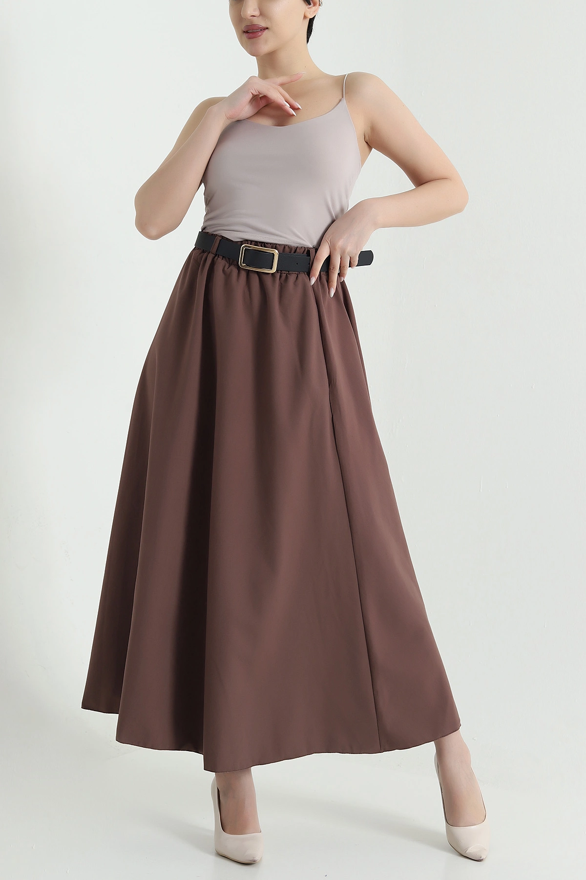 Kahverengi Liza Soft Kemerli Kadın Etek 446432