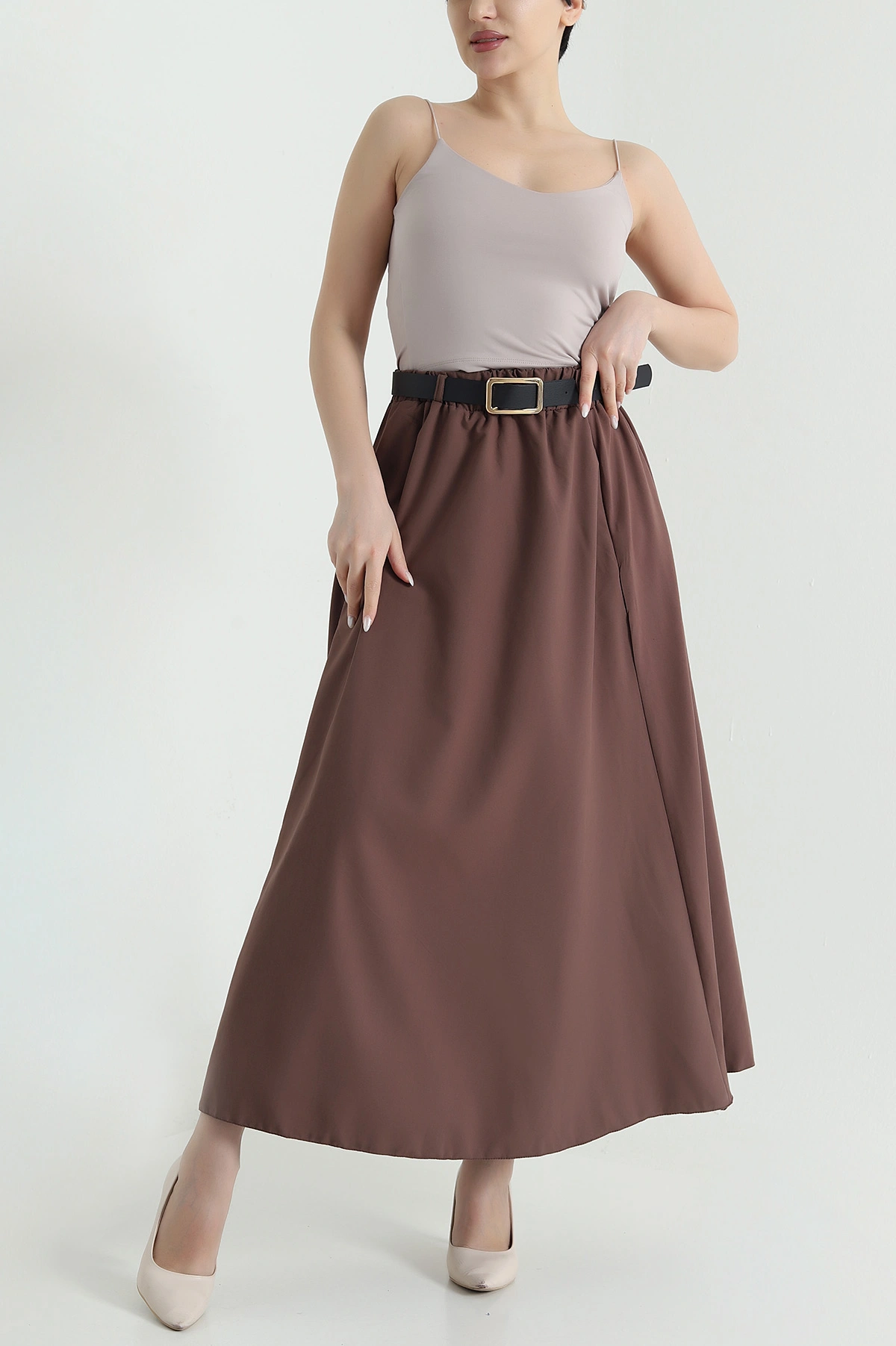 Kahverengi Liza Soft Kemerli Kadın Etek 446432