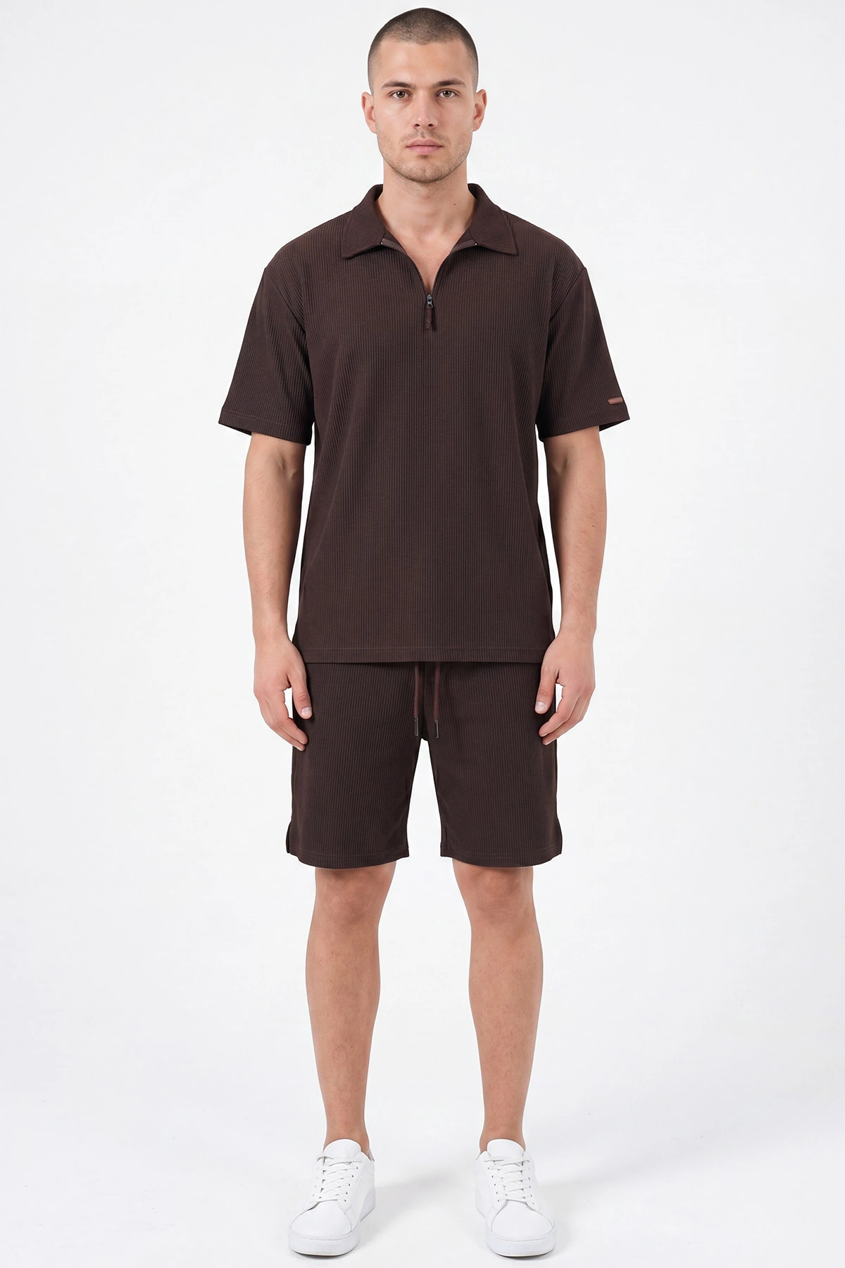 Kahverengi Look Kumaş Yarım Fermuarlı Erkek Şortlu Takım 467647