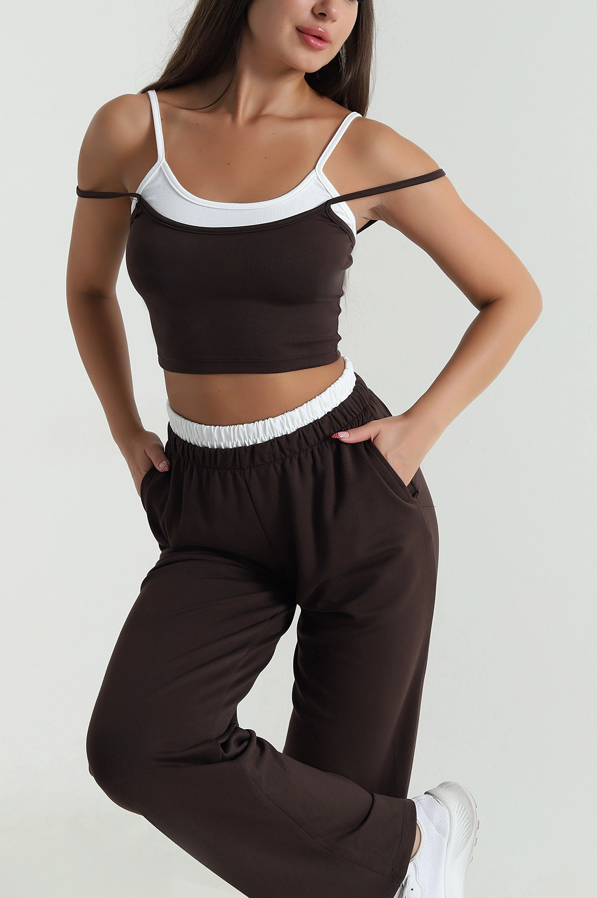 Kahverengi Modal Crop Pantolon İkili Takım 471989