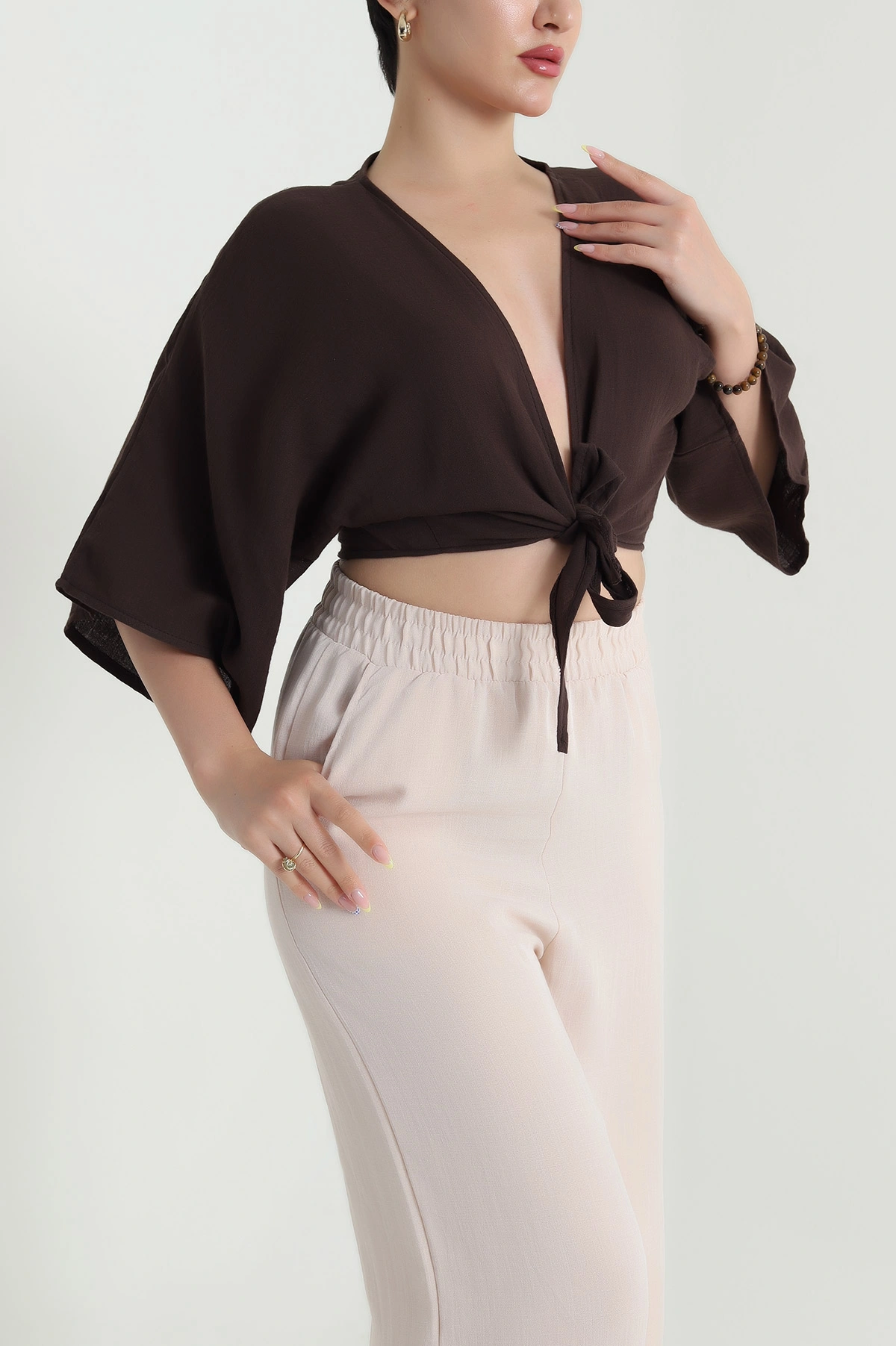 Kahverengi Müslin Kumaş Bağlamalı Bolero 467482