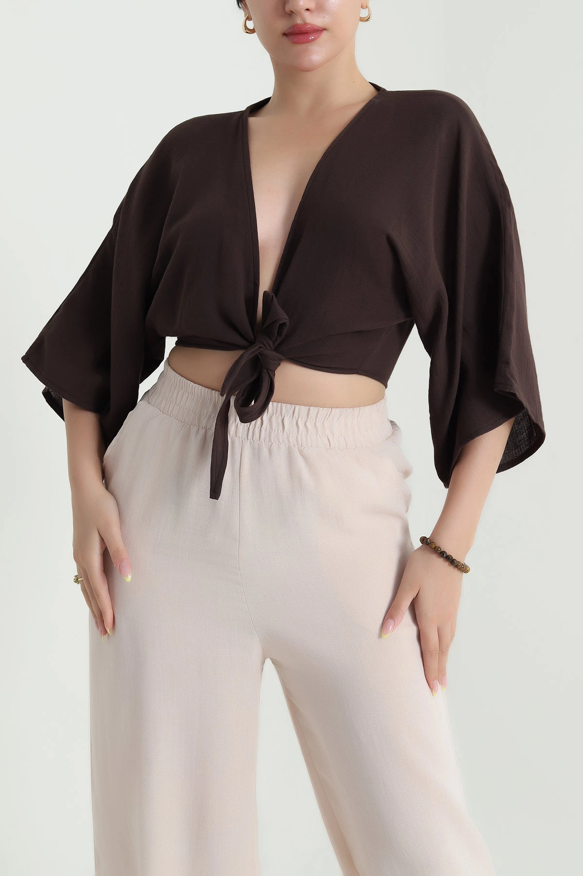 Kahverengi Müslin Kumaş Bağlamalı Bolero 467482