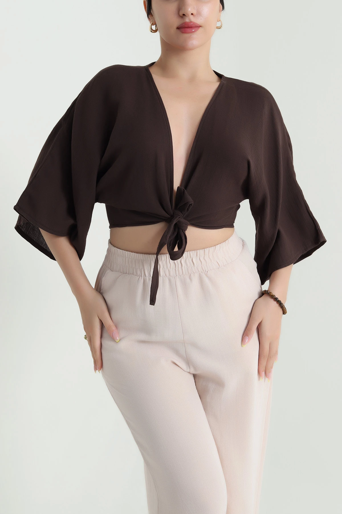 Kahverengi Müslin Kumaş Bağlamalı Bolero 467482