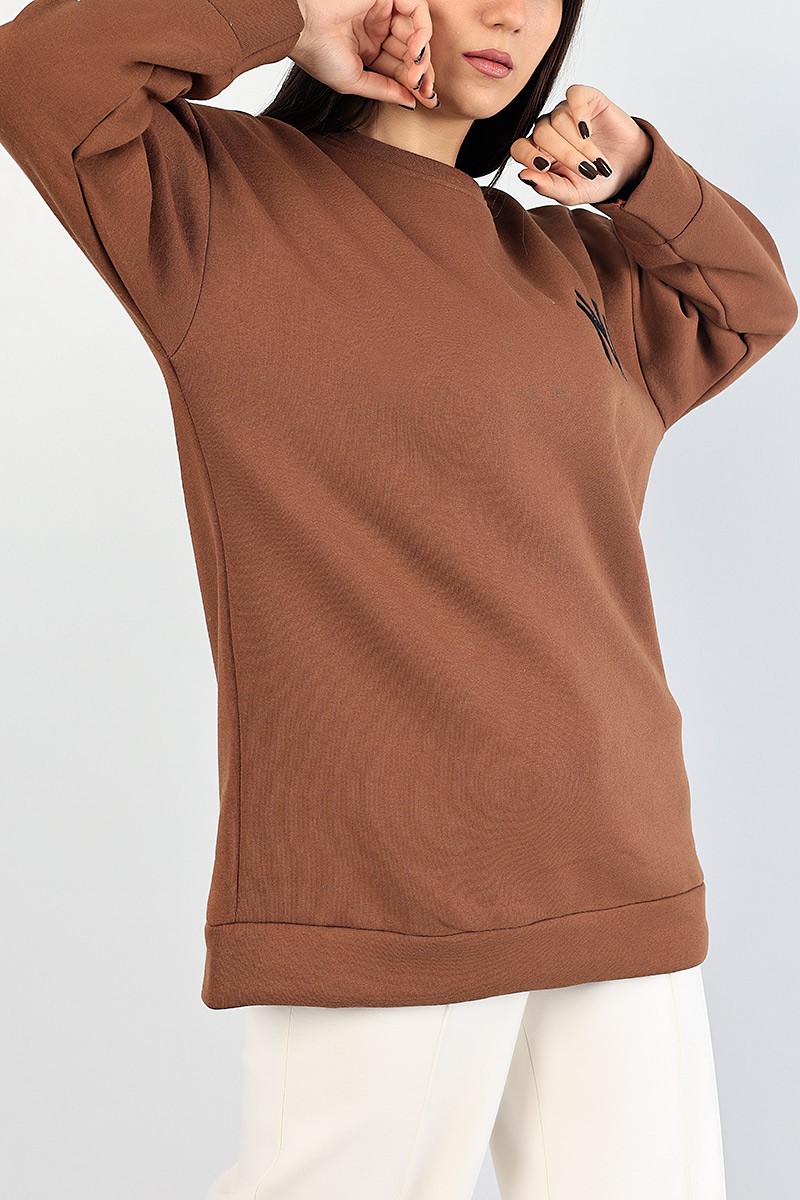 Kahverengi Nakışlı Bayan Şardonlu Sweat 84998