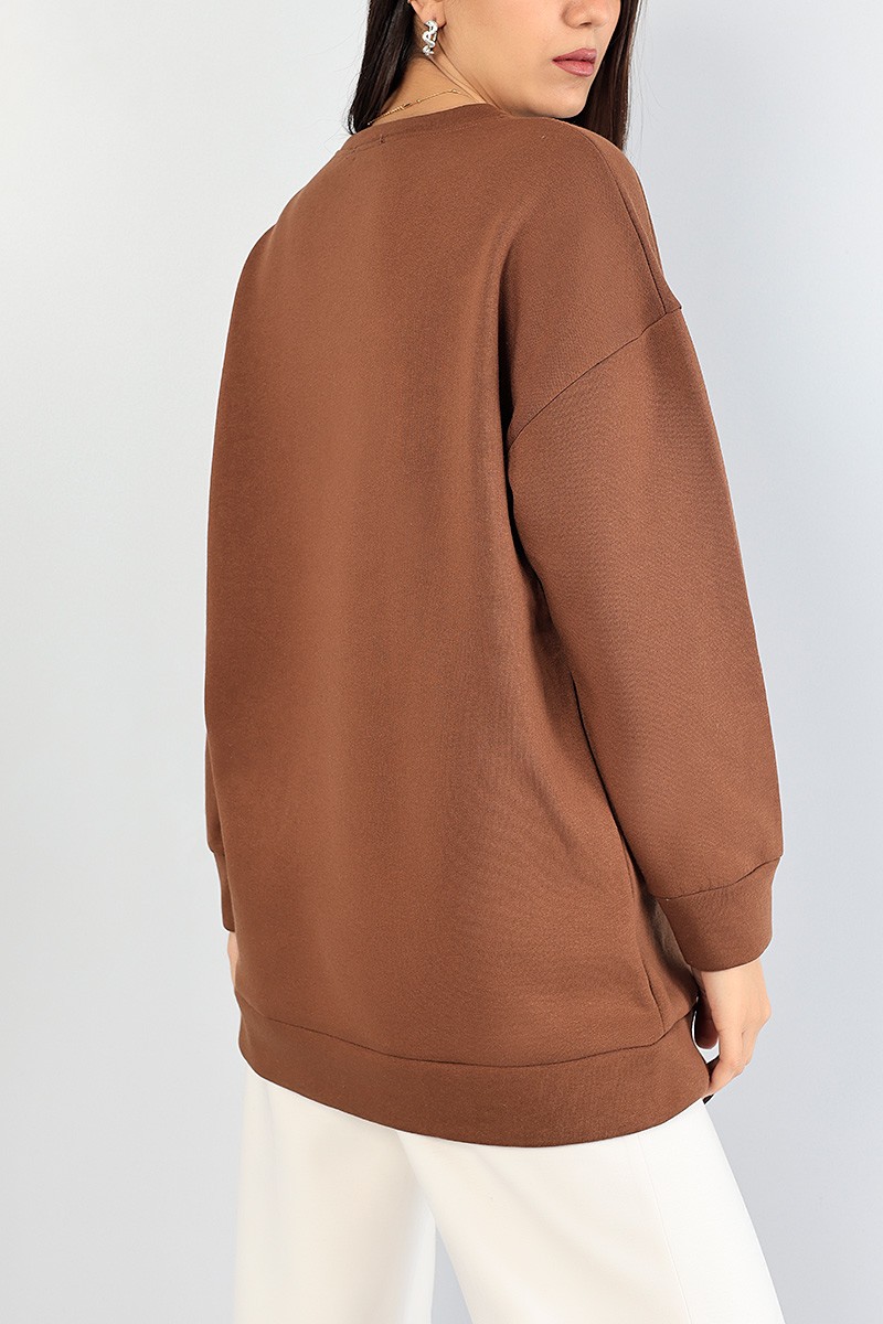 Kahverengi Nakışlı Bayan Şardonlu Sweat 84998