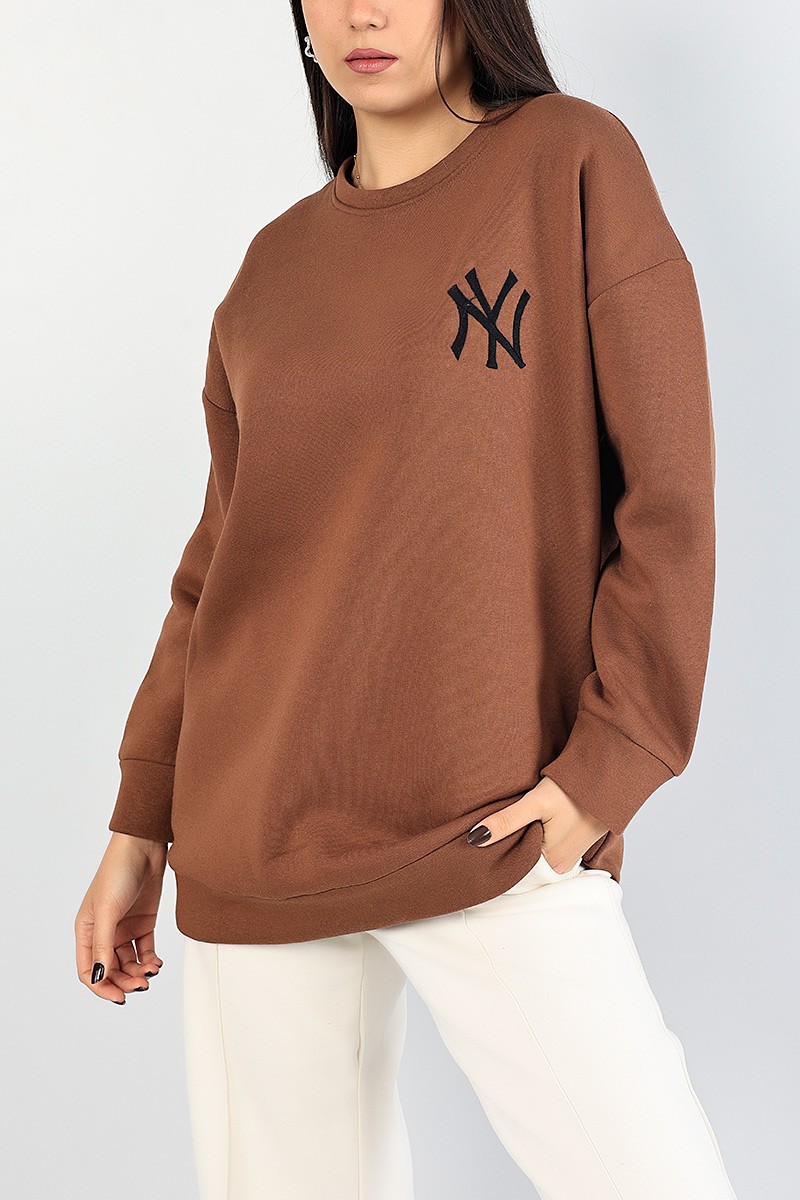Kahverengi Nakışlı Bayan Şardonlu Sweat 84998