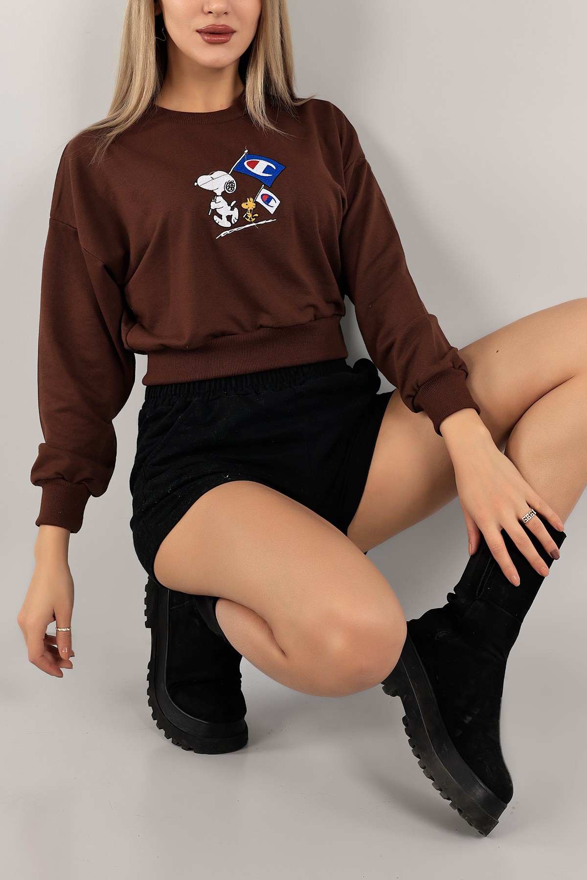 Kahverengi Nakışlı Bayan Sweat 141322