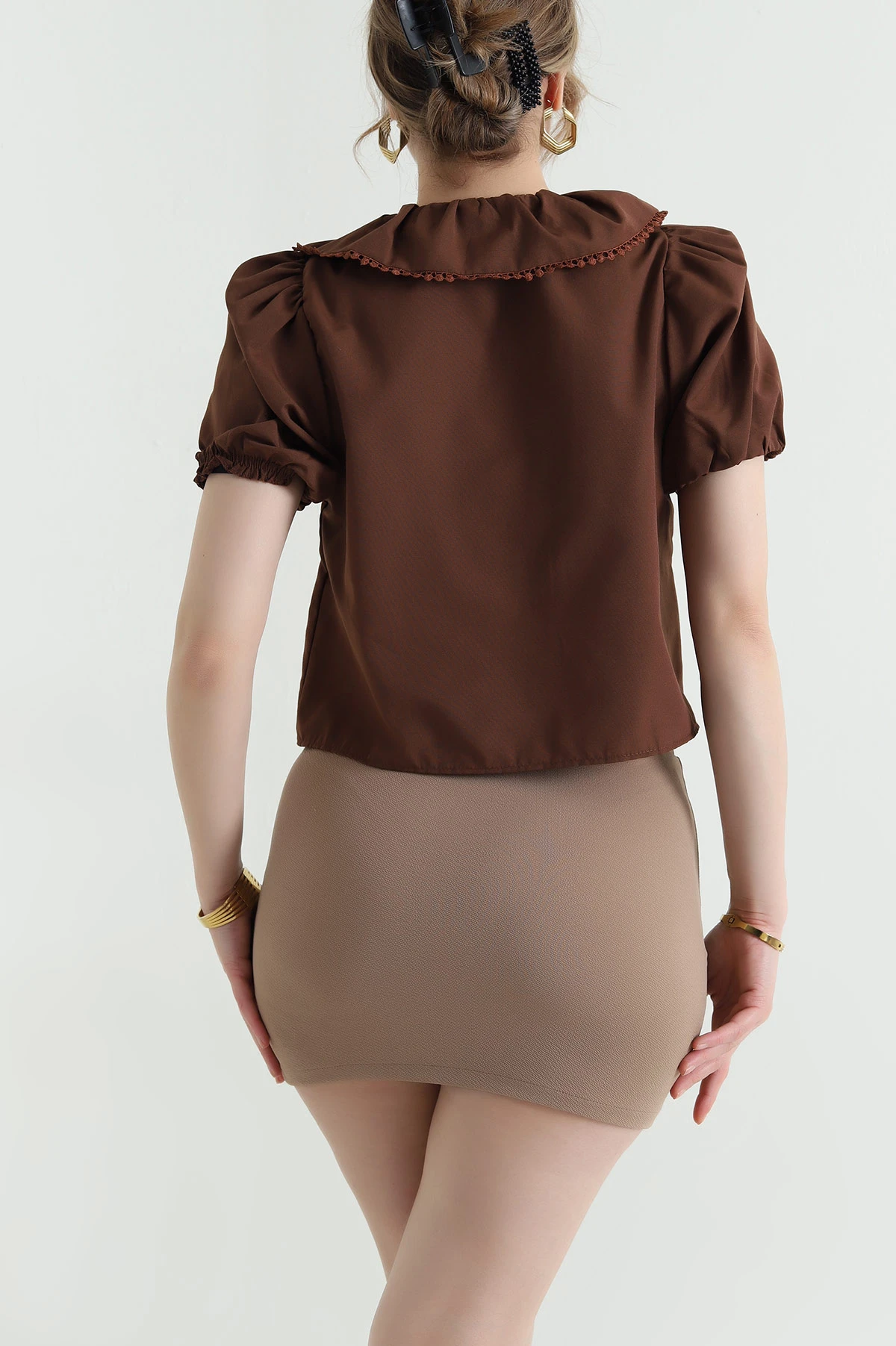 Kahverengi Nakışlı Bebe Yaka Poplin Kadın Bluz 441246