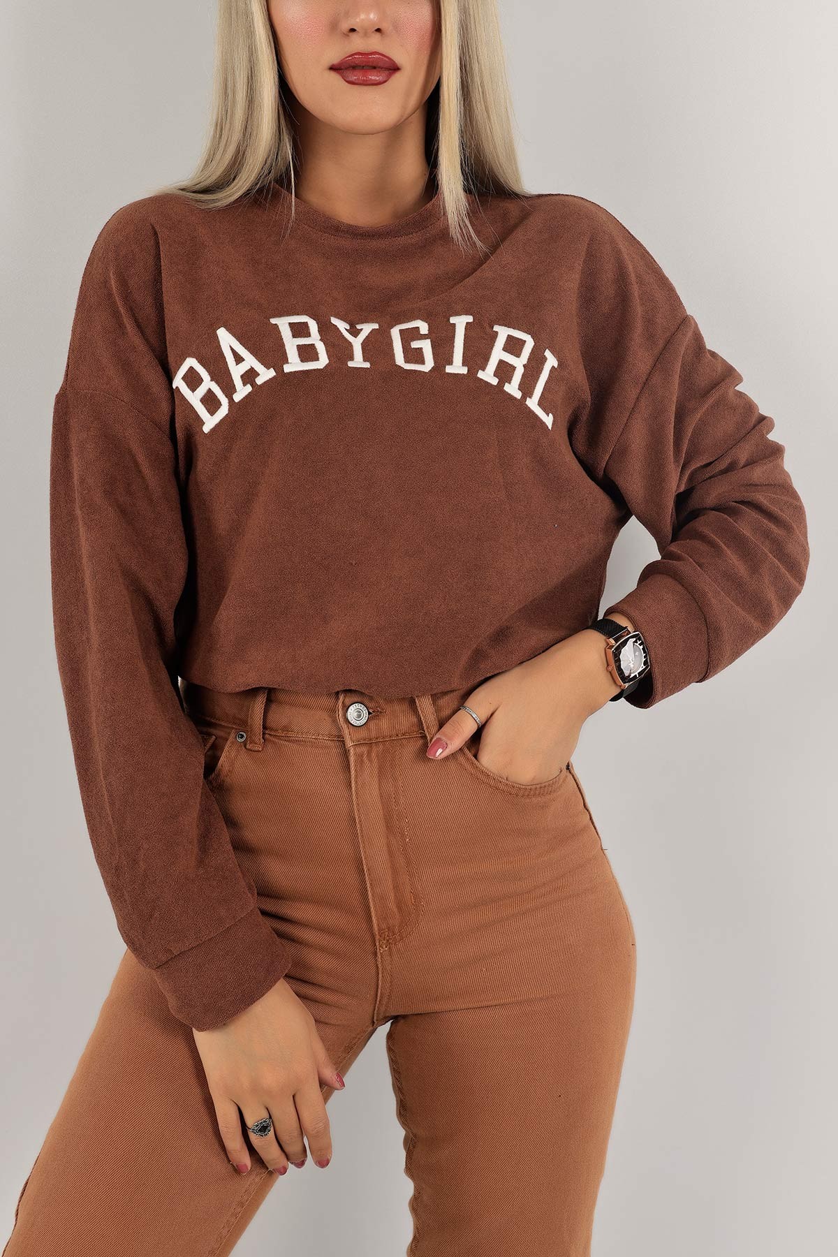 Kahverengi Nakışlı Havlu Kumaş Sweat 132395
